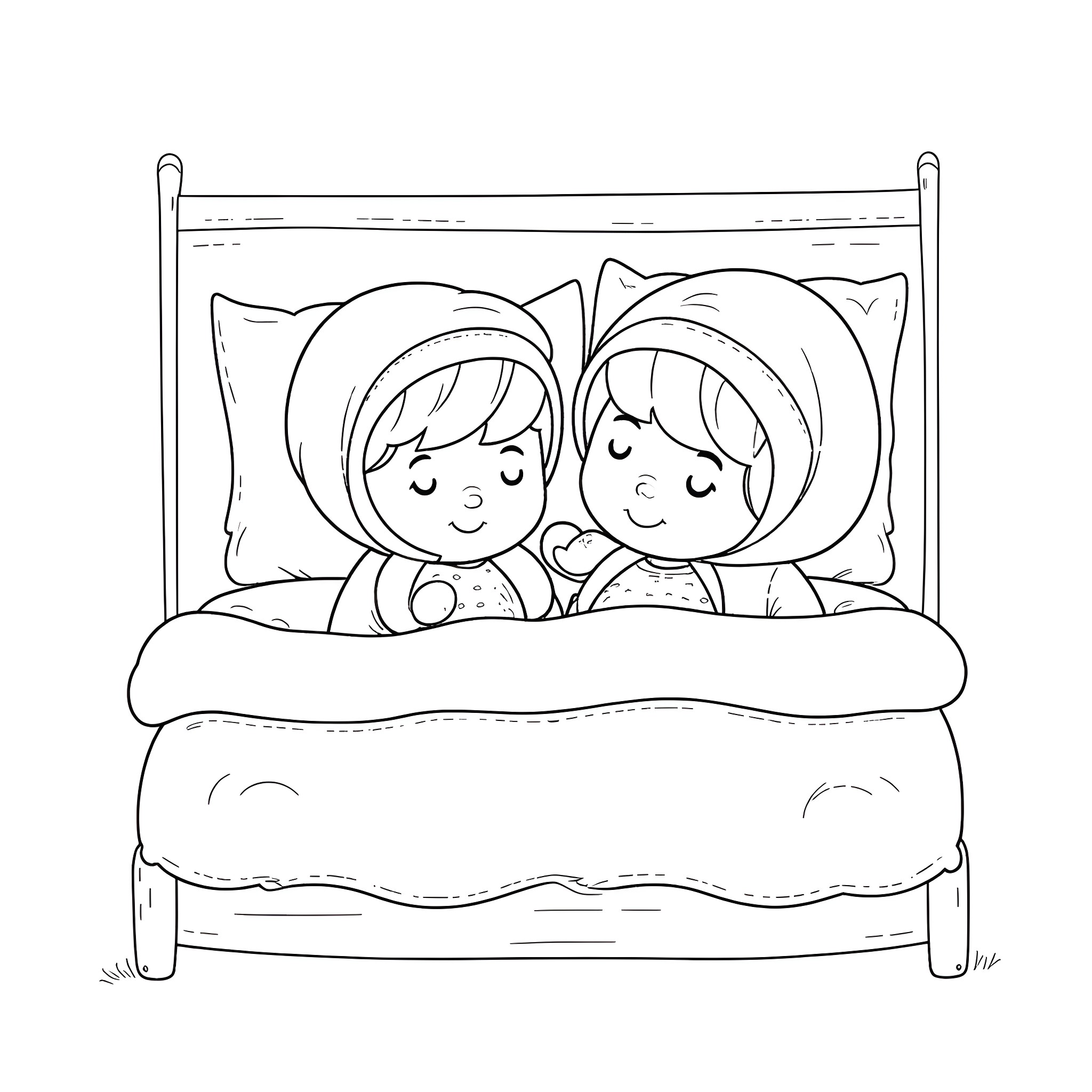 Ernie and Burt sleeping soundly in their cozy bed Coloring Page (free black-and-white line drawing printable PDF for all, from beginners to advanced learners, including children, teens, adults, and seniors)