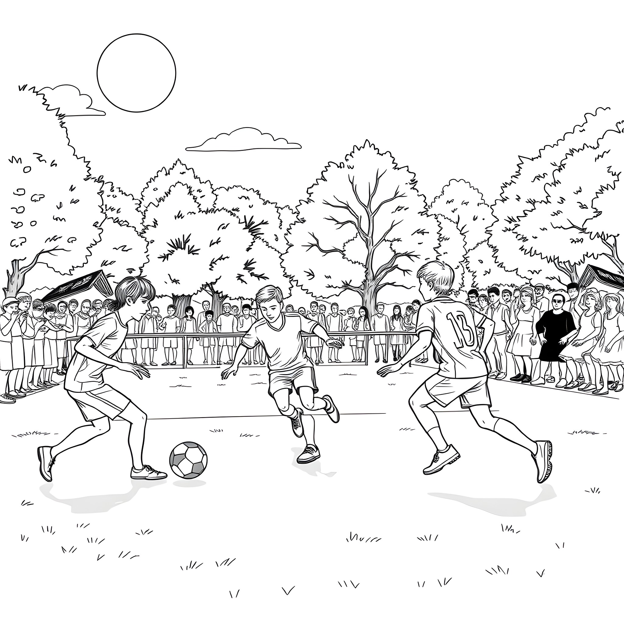 Korfbal players competing in an outdoor match Coloring Page (free black-and-white line drawing printable PDF for all, from beginners to advanced learners, including children, teens, adults, and seniors)