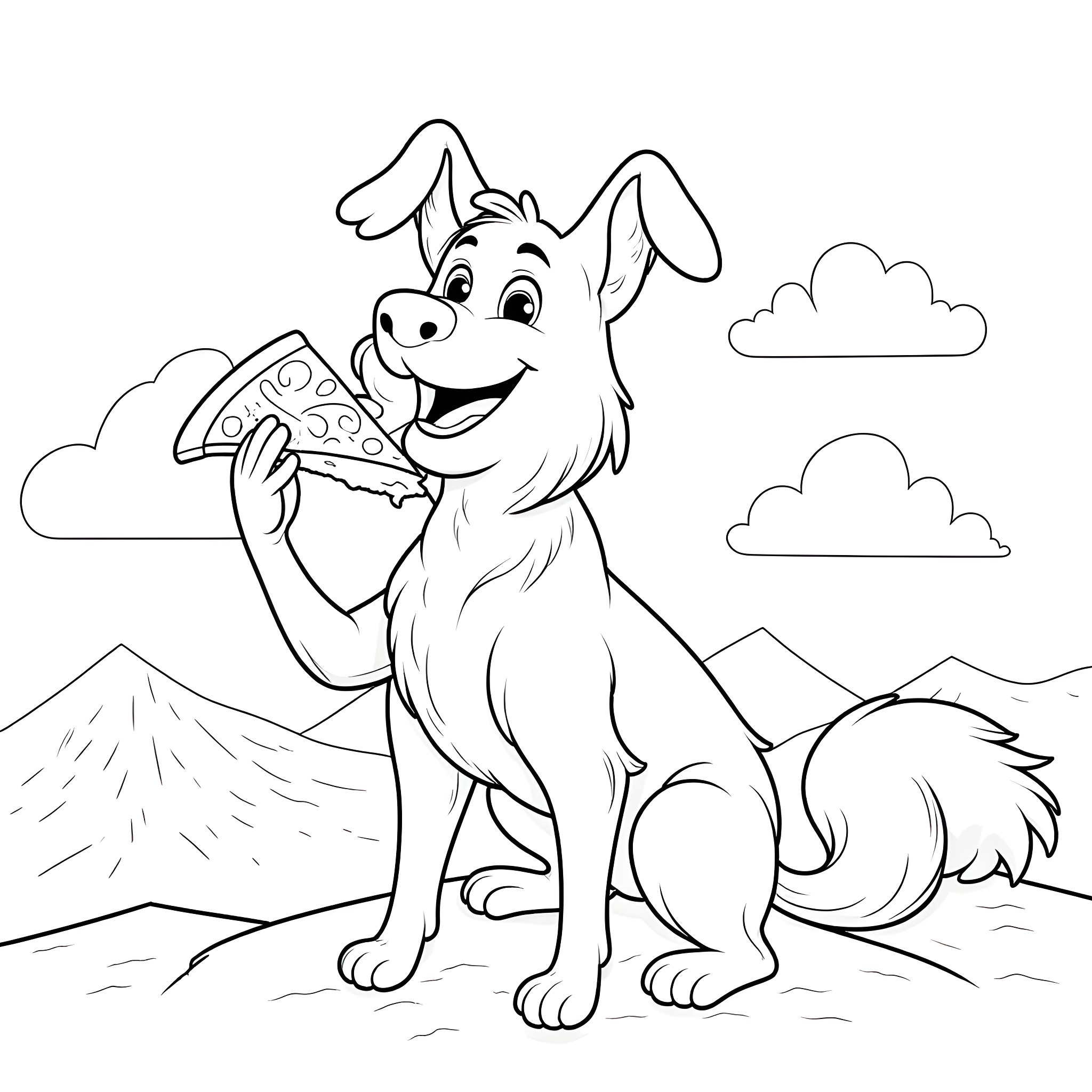Dog enjoying a pizza slice in the mountains Coloring Page (free black-and-white line drawing printable PDF for all, from beginners to advanced learners, including children, teens, adults, and seniors)