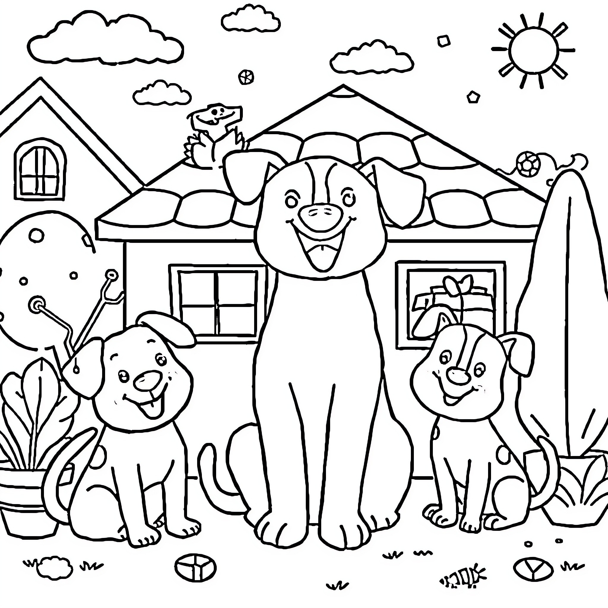 Pet dogs playing happily in the yard Coloring Page (free black-and-white line drawing printable PDF for all, from beginners to advanced learners, including children, teens, adults, and seniors)