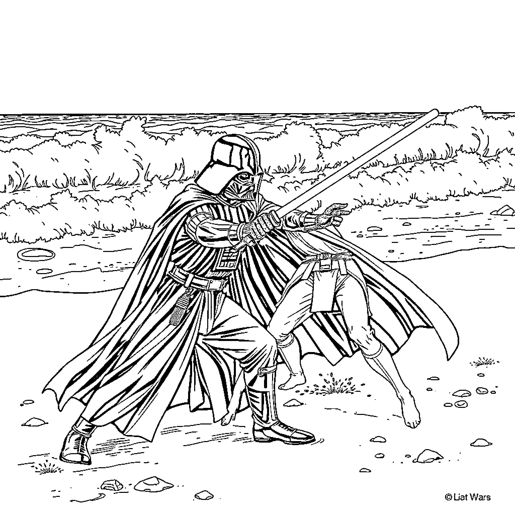 Obi-Wan Kenobi facing a formidable opponent in the wilderness Coloring Page (free black-and-white line drawing printable PDF for all, from beginners to advanced learners, including children, teens, adults, and seniors)