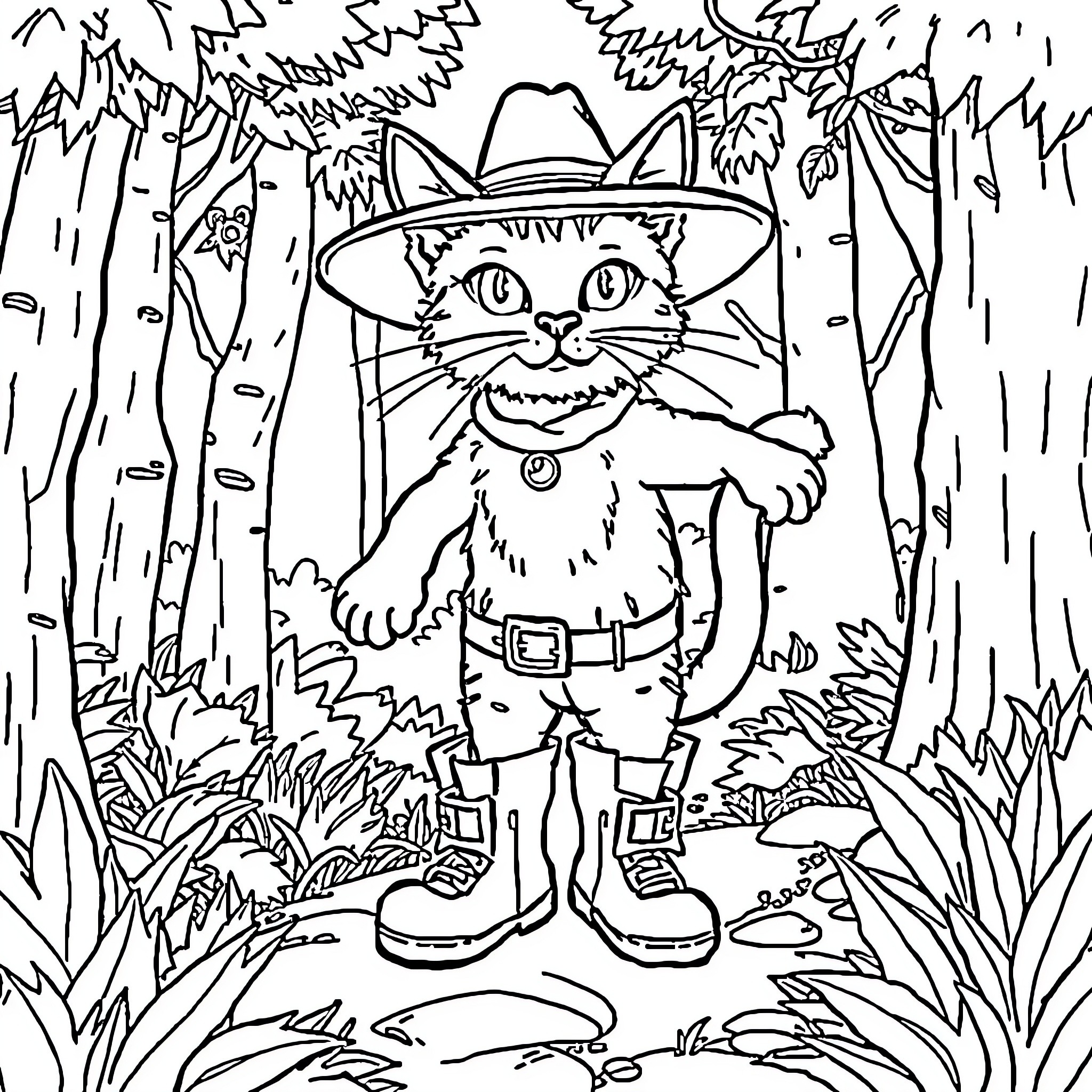 Cat with Boots Exploring the Forest Coloring Page (free black-and-white line drawing printable PDF for all, from beginners to advanced learners, including children, teens, adults, and seniors)