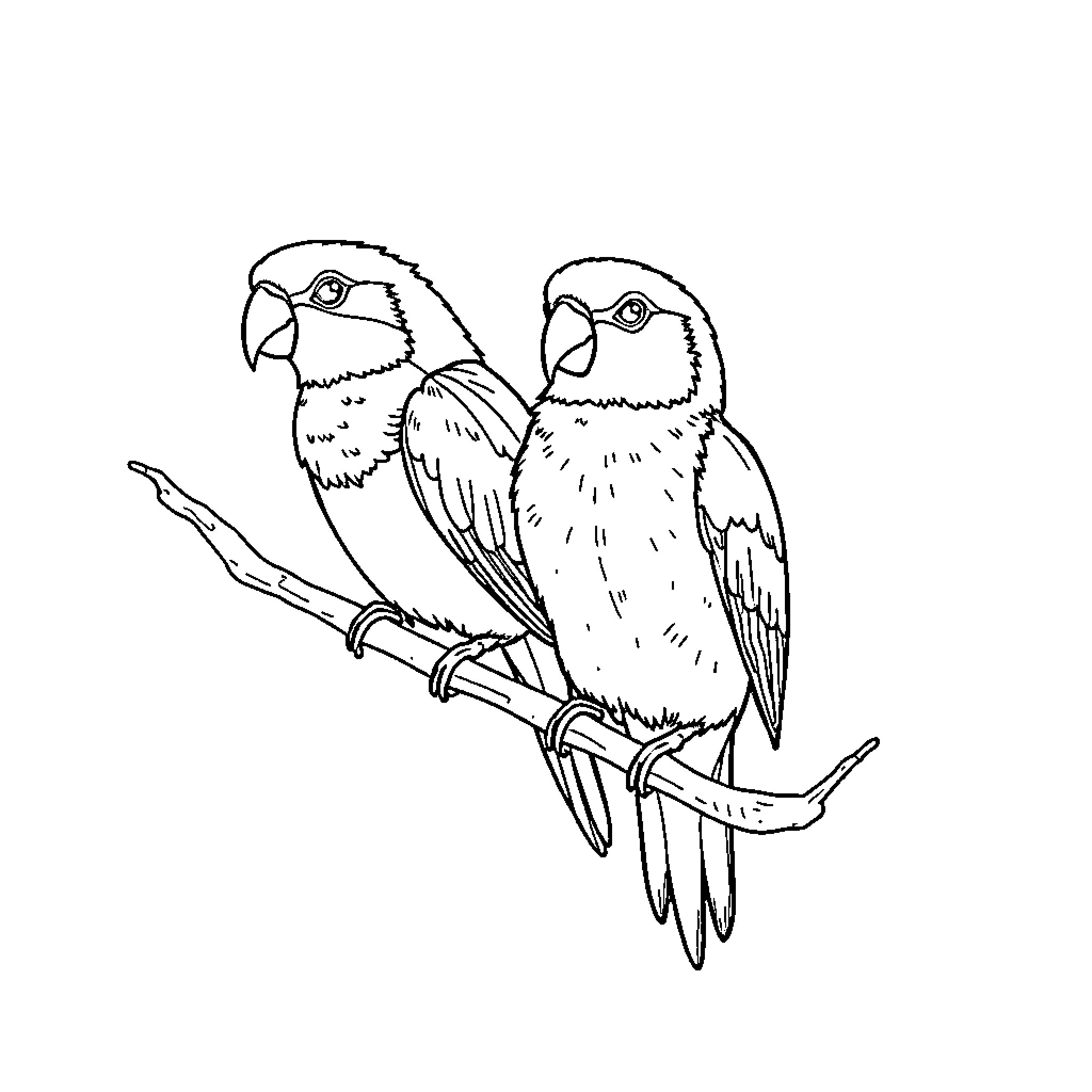 Titled pair of parrots on perch Coloring Page (free black-and-white line drawing printable PDF for all, from beginners to advanced learners, including children, teens, adults, and seniors)