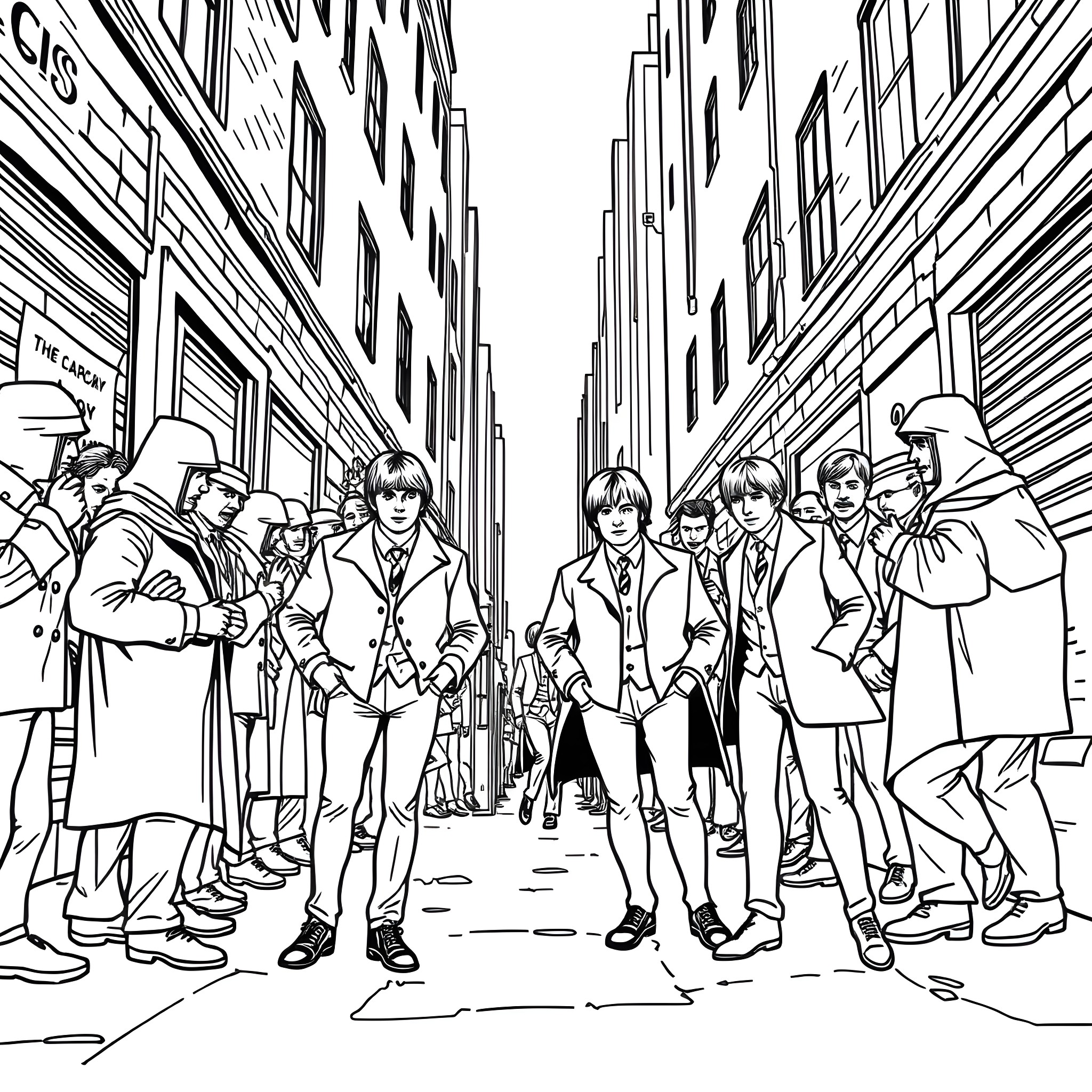 Beatles walking down a city street in London Coloring Page (free black-and-white line drawing printable PDF for all, from beginners to advanced learners, including children, teens, adults, and seniors)