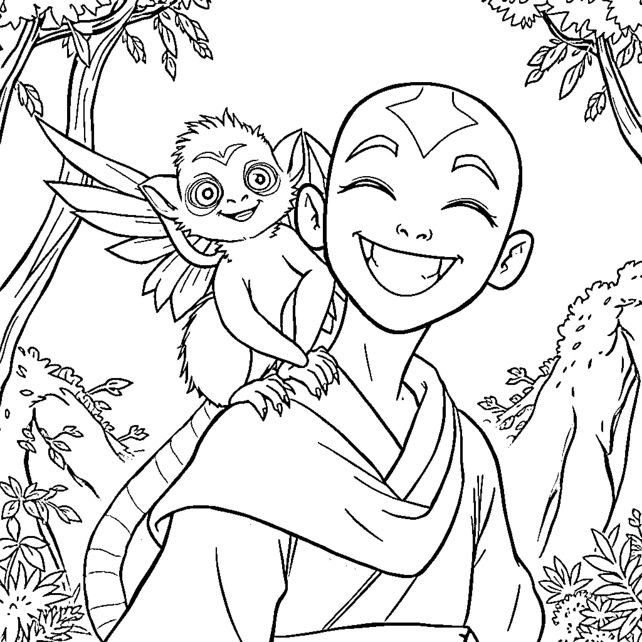 Avatar of a boy playing happily with a cute creature in the forest Coloring Page (free black-and-white line drawing printable PDF for all, from beginners to advanced learners, including children, teens, adults, and seniors)