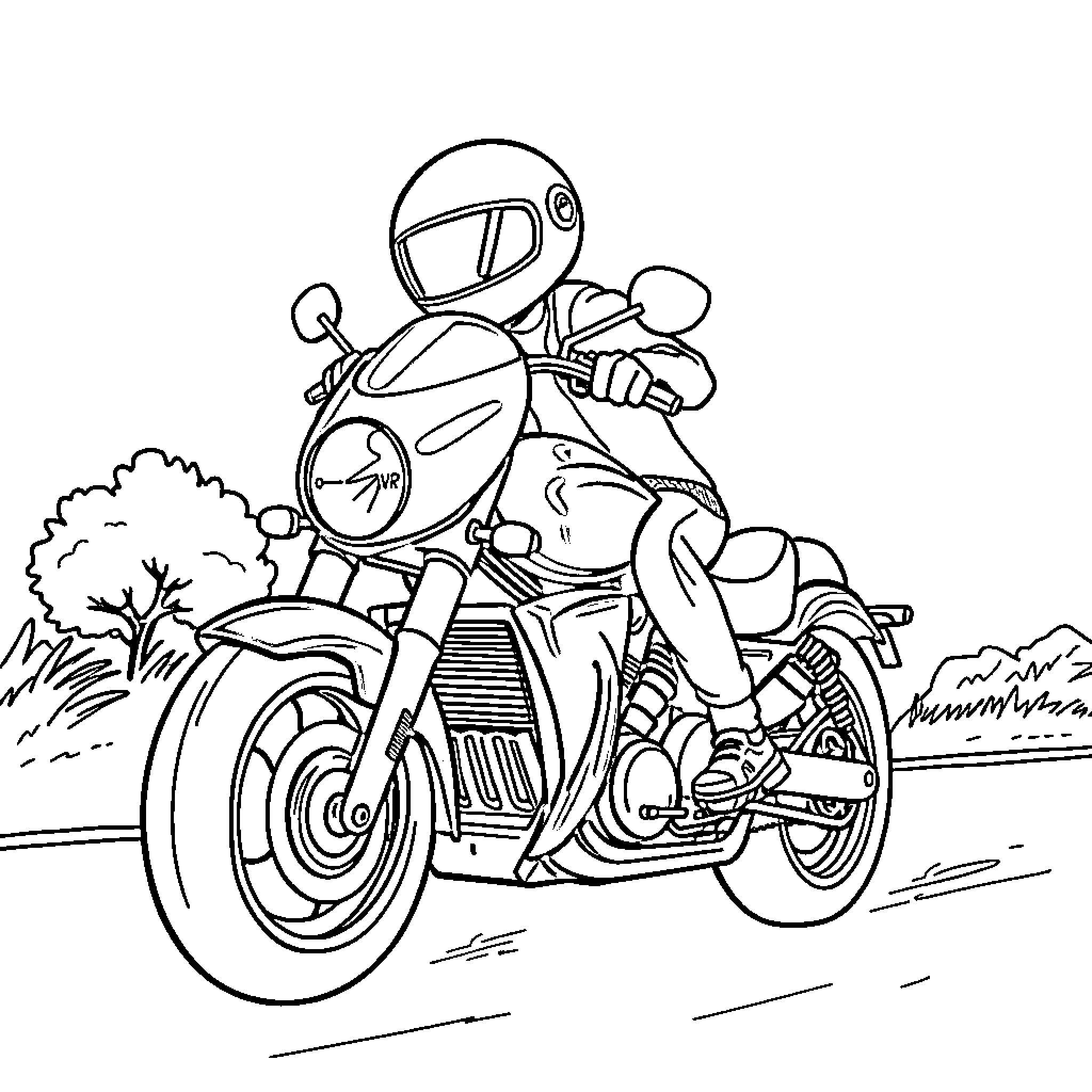 Bluey riding a motorcycle through the countryside Coloring Page (free black-and-white line drawing printable PDF for all, from beginners to advanced learners, including children, teens, adults, and seniors)
