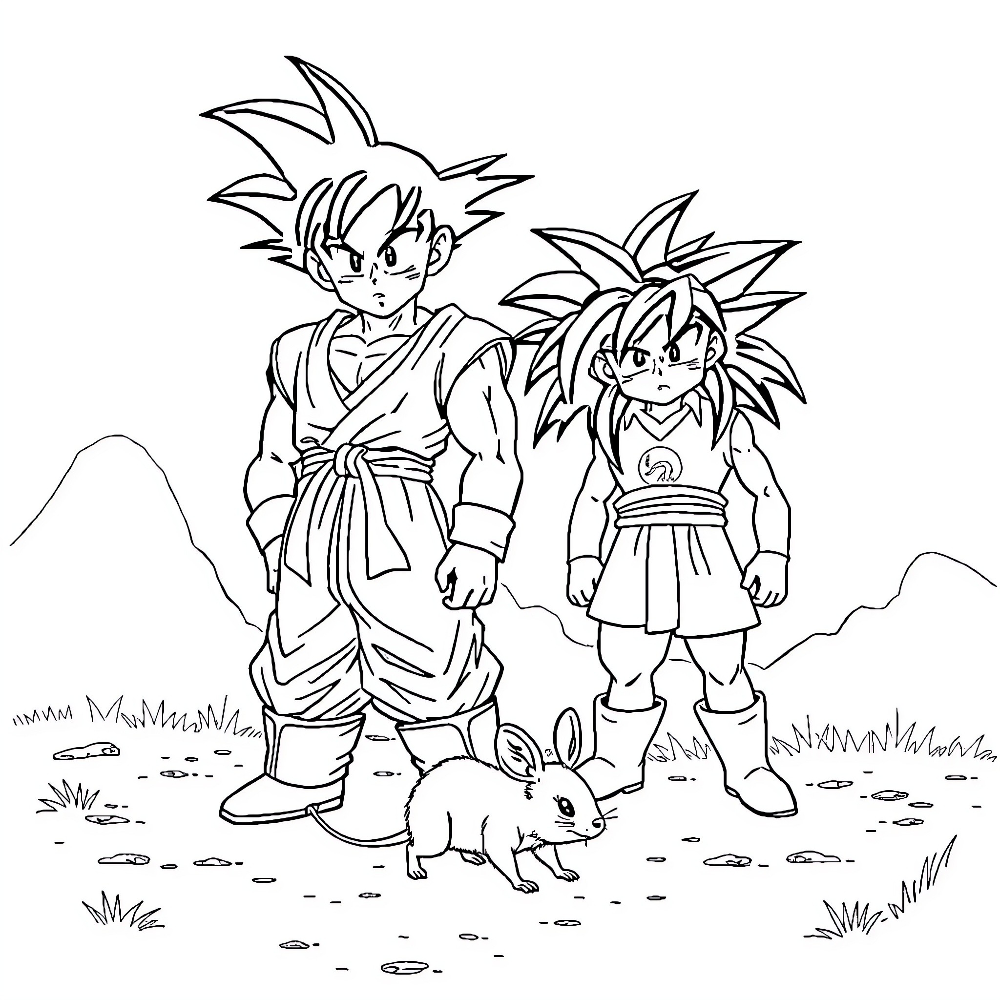 Goku and Goku Jr. in Outdoor Adventure Coloring Page (free black-and-white line drawing printable PDF for all, from beginners to advanced learners, including children, teens, adults, and seniors)