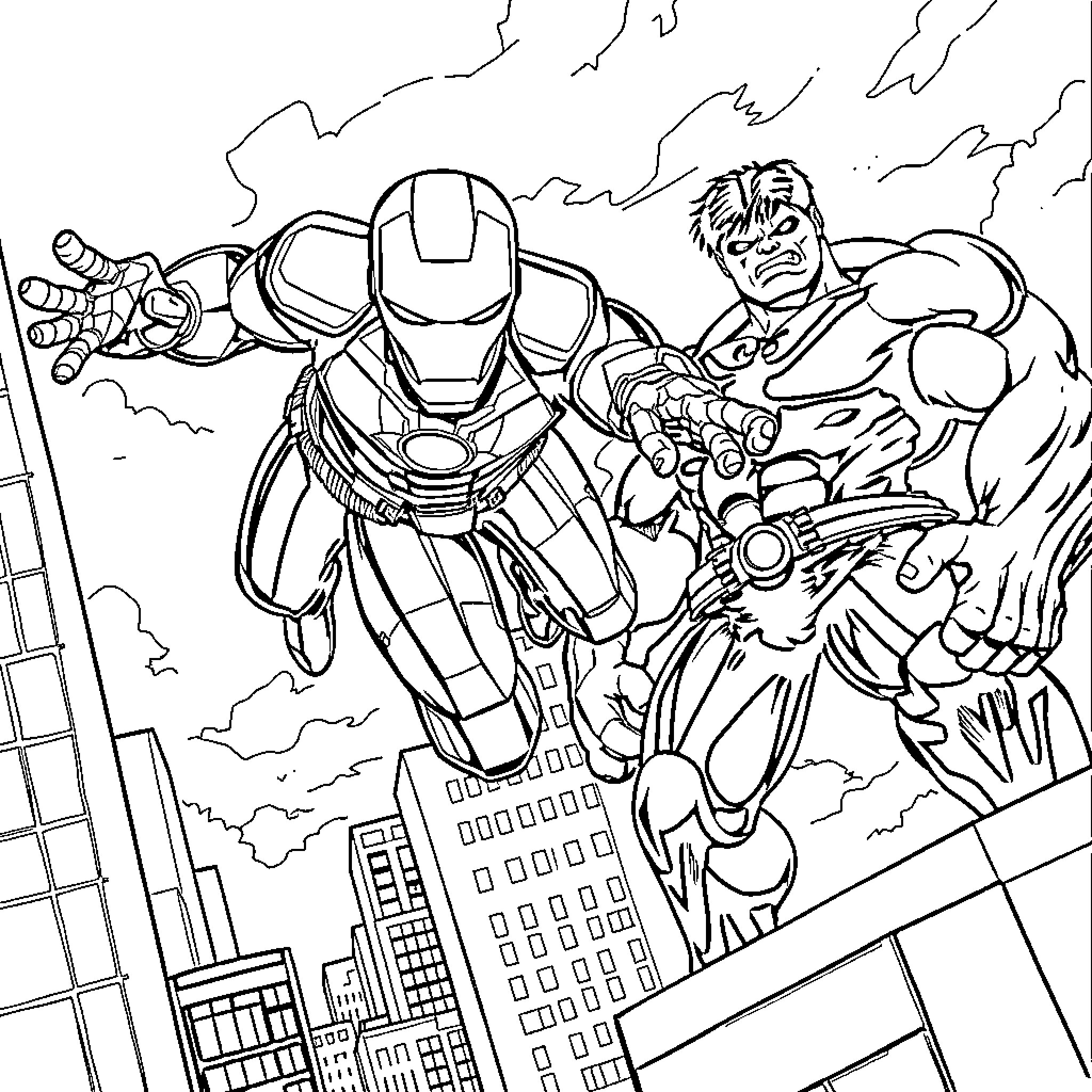 Iron Man heroically battles a powerful villain in the city Coloring Page (free black-and-white line drawing printable PDF for all, from beginners to advanced learners, including children, teens, adults, and seniors)