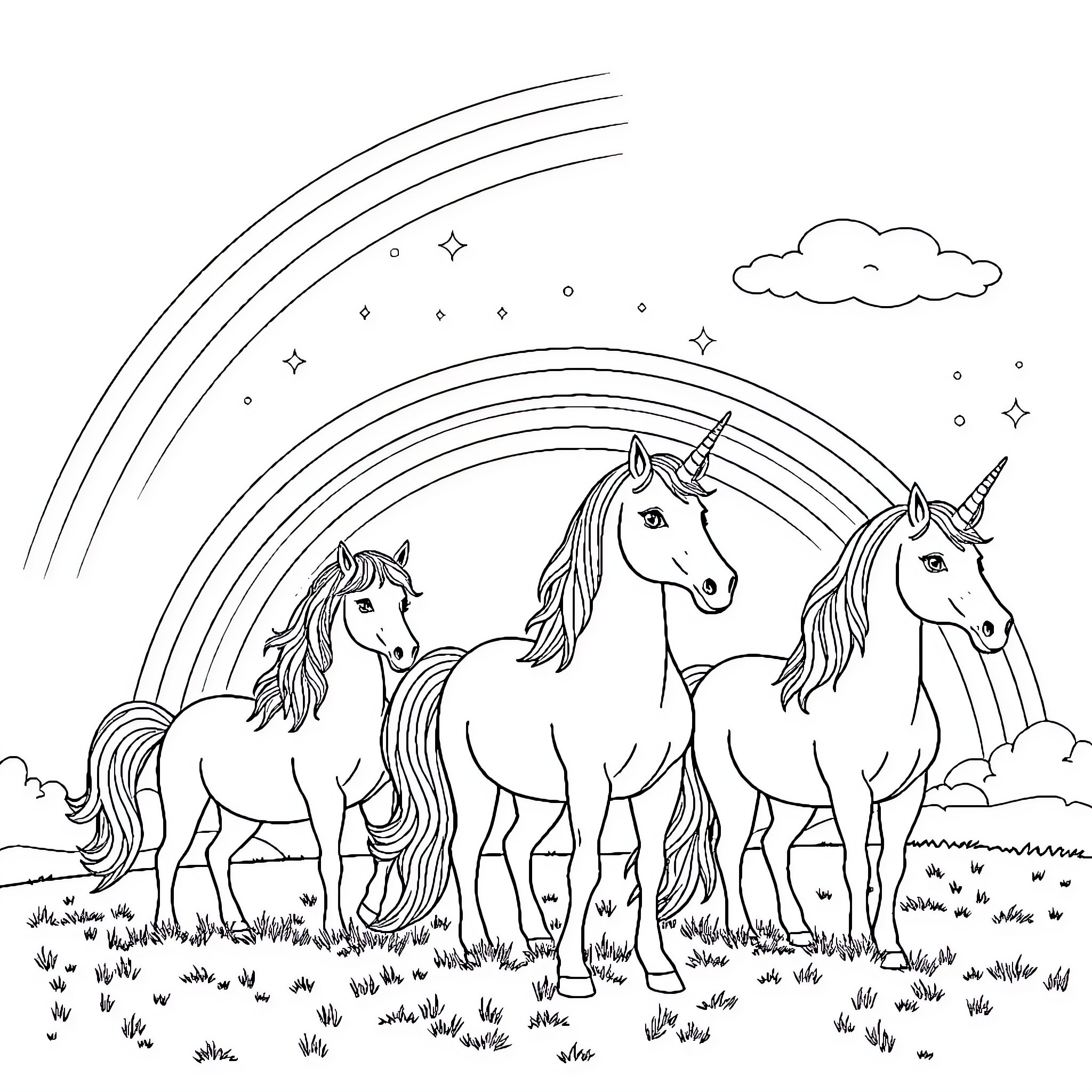 Unicorn Trio Frolicking Under Starry Skies Coloring Page (free black-and-white line drawing printable PDF for all, from beginners to advanced learners, including children, teens, adults, and seniors)