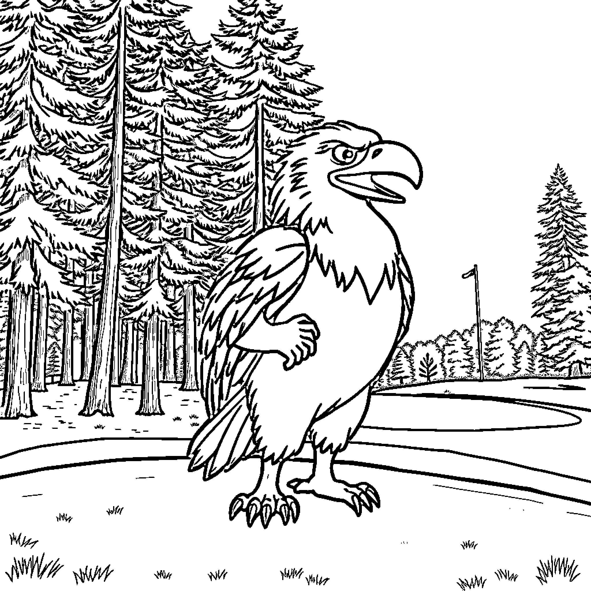 Eagle soaring over snowy forest landscape Coloring Page (free black-and-white line drawing printable PDF for all, from beginners to advanced learners, including children, teens, adults, and seniors)