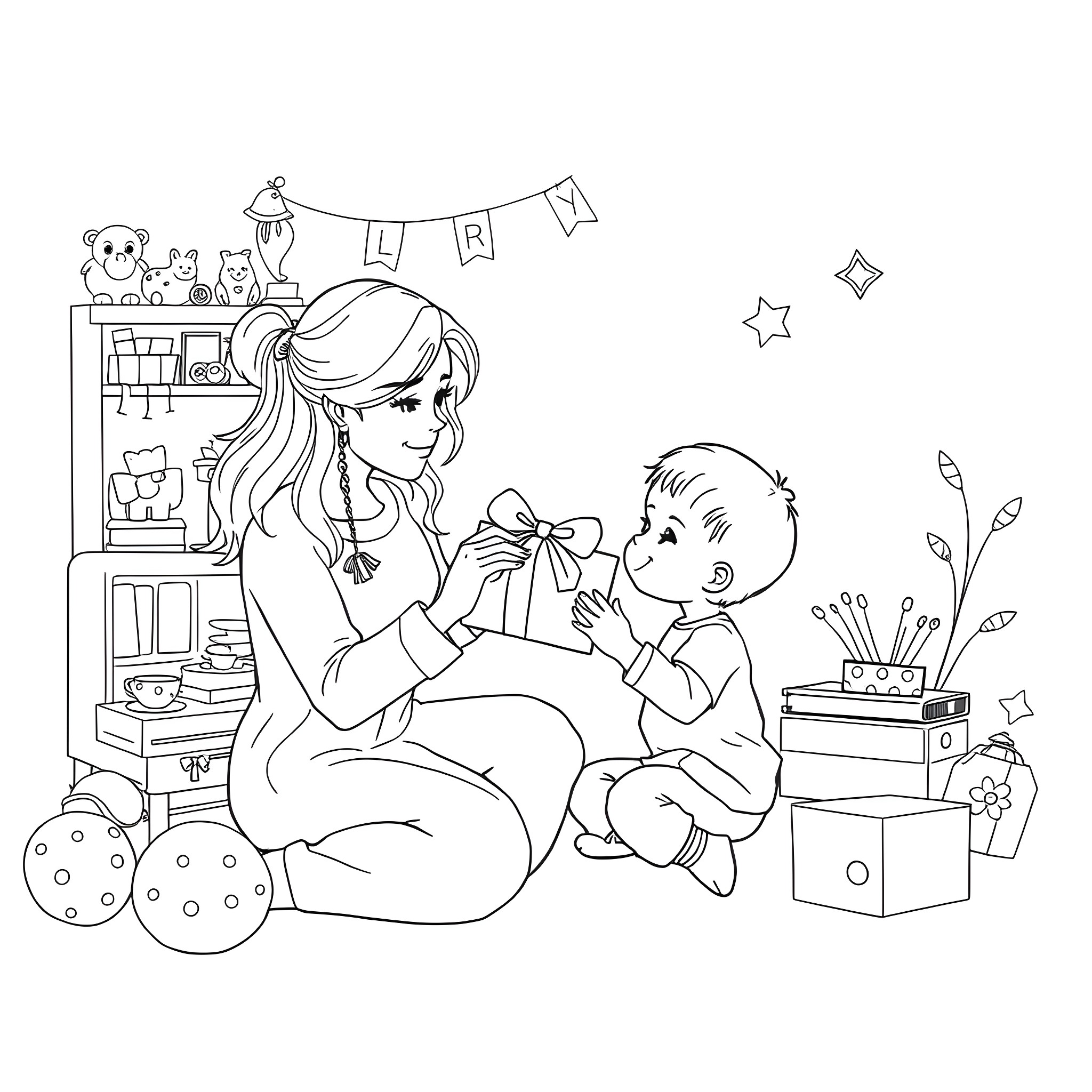 Mother and Child Sharing a Gift in a Festive Room Coloring Page (free black-and-white line drawing printable PDF for all, from beginners to advanced learners, including children, teens, adults, and seniors)