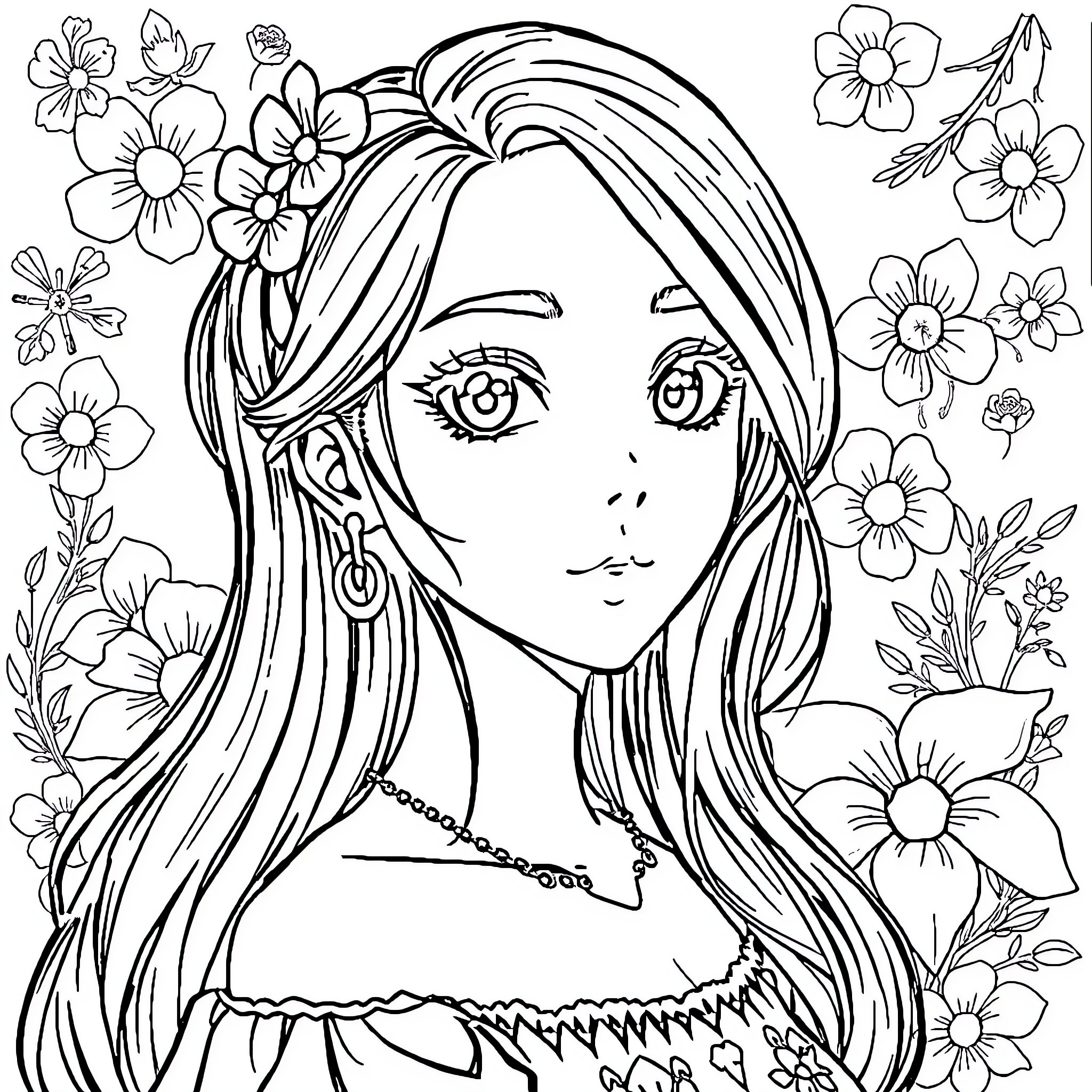 Anime Woman with Floral Embellishments Coloring Page (free black-and-white line drawing printable PDF for all, from beginners to advanced learners, including children, teens, adults, and seniors)