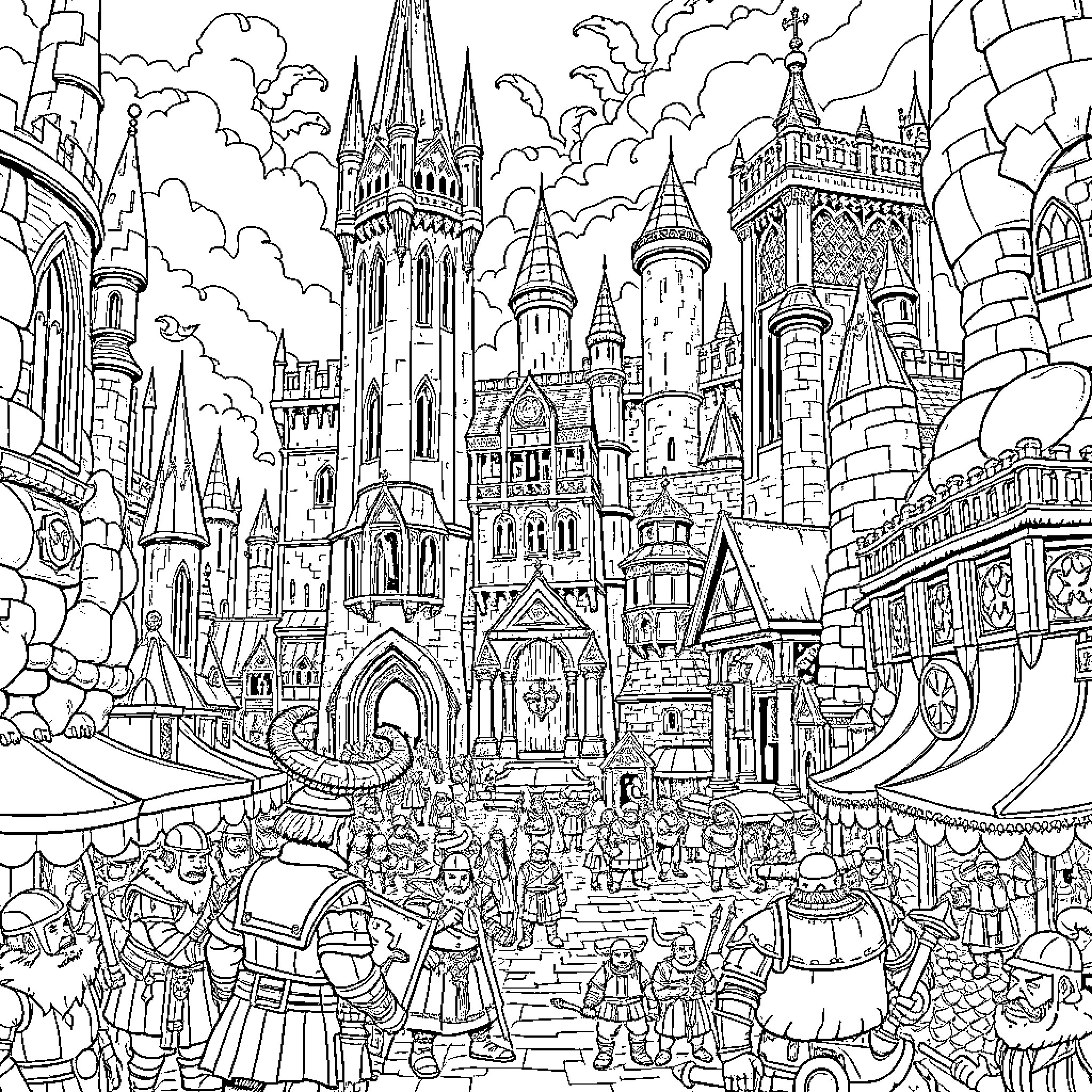 Dwarf Castle and Townspeople in a Fantastical Landscape Coloring Page (free black-and-white line drawing printable PDF for all, from beginners to advanced learners, including children, teens, adults, and seniors)