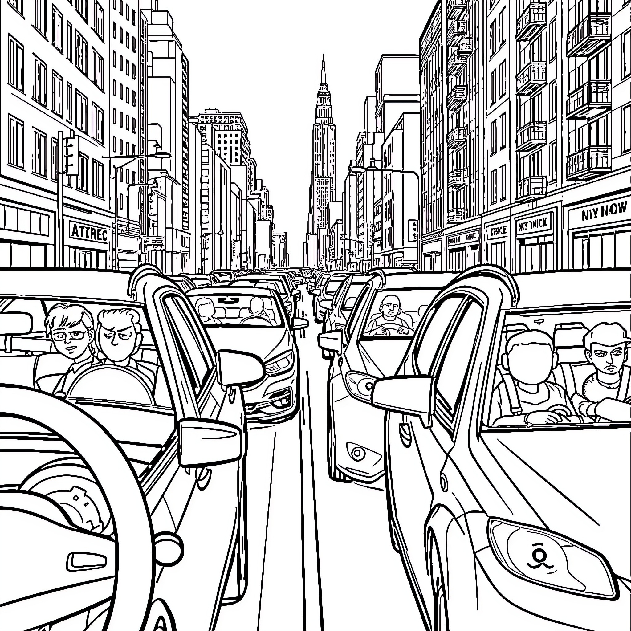 Traffic in the city with skyscrapers and pedestrians Coloring Page (free black-and-white line drawing printable PDF for all, from beginners to advanced learners, including children, teens, adults, and seniors)
