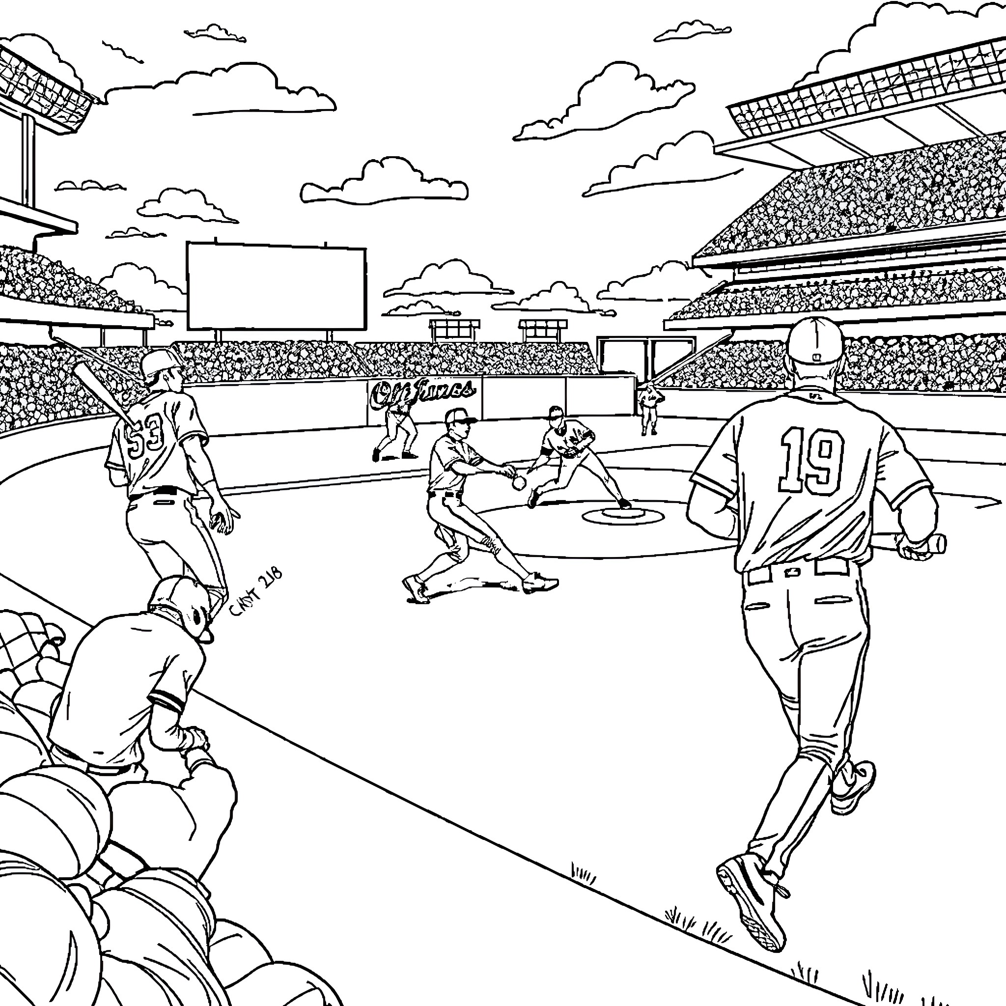 MLB Players Competing on the Field Coloring Page (free black-and-white line drawing printable PDF for all, from beginners to advanced learners, including children, teens, adults, and seniors)