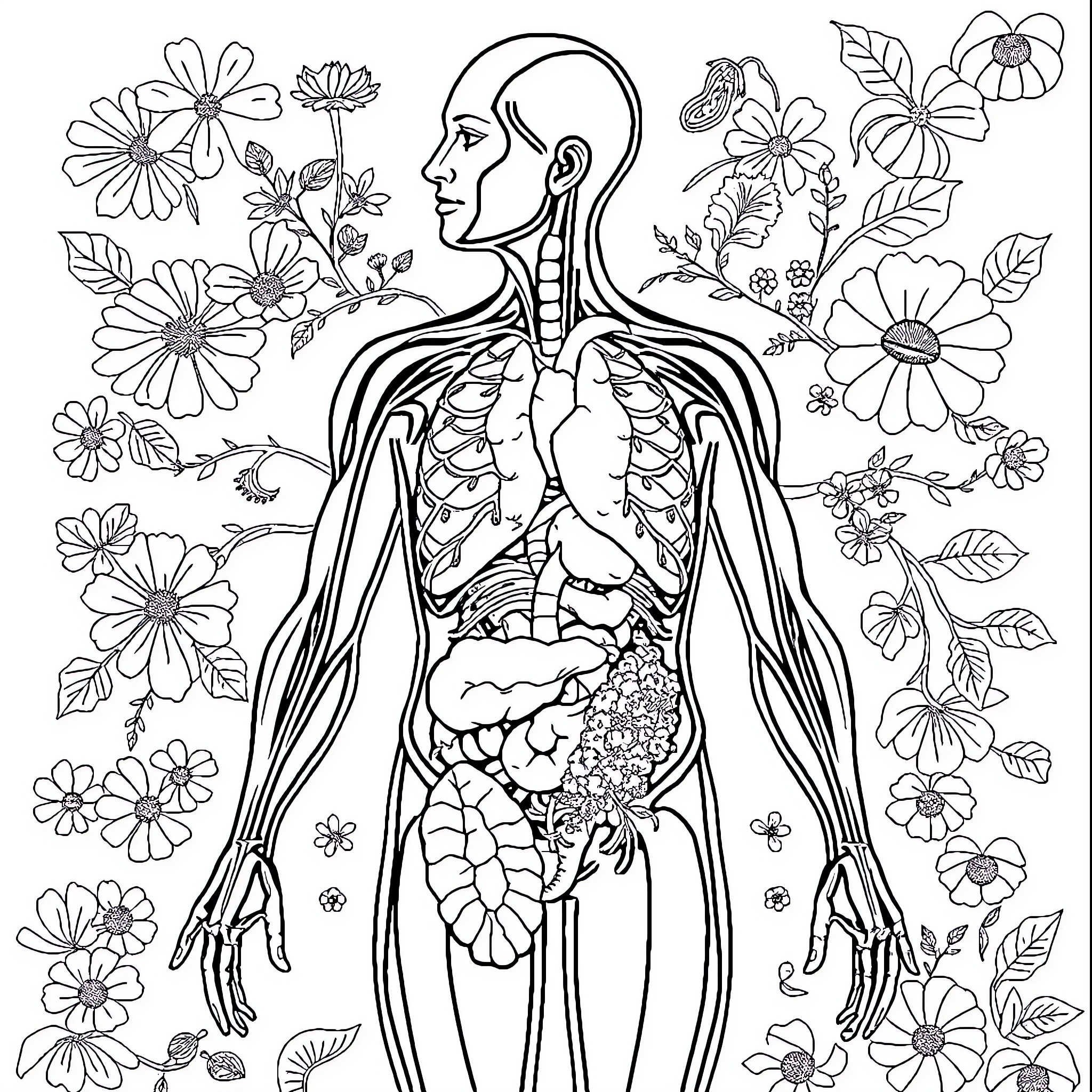 Órgano surrounded by vibrant floral details Coloring Page (free black-and-white line drawing printable PDF for all, from beginners to advanced learners, including children, teens, adults, and seniors)