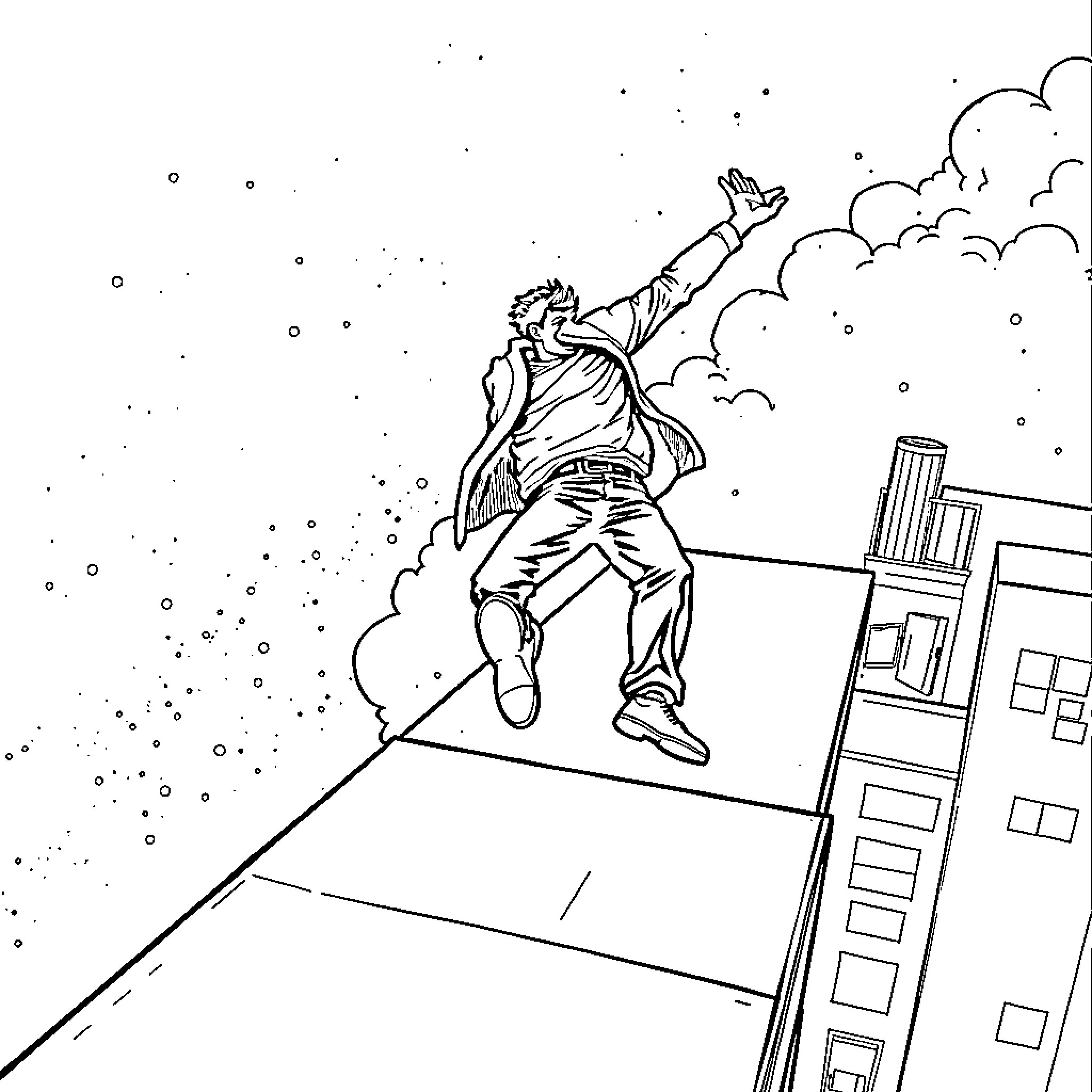 Man leaping through the air in a city Coloring Page (free black-and-white line drawing printable PDF for all, from beginners to advanced learners, including children, teens, adults, and seniors)