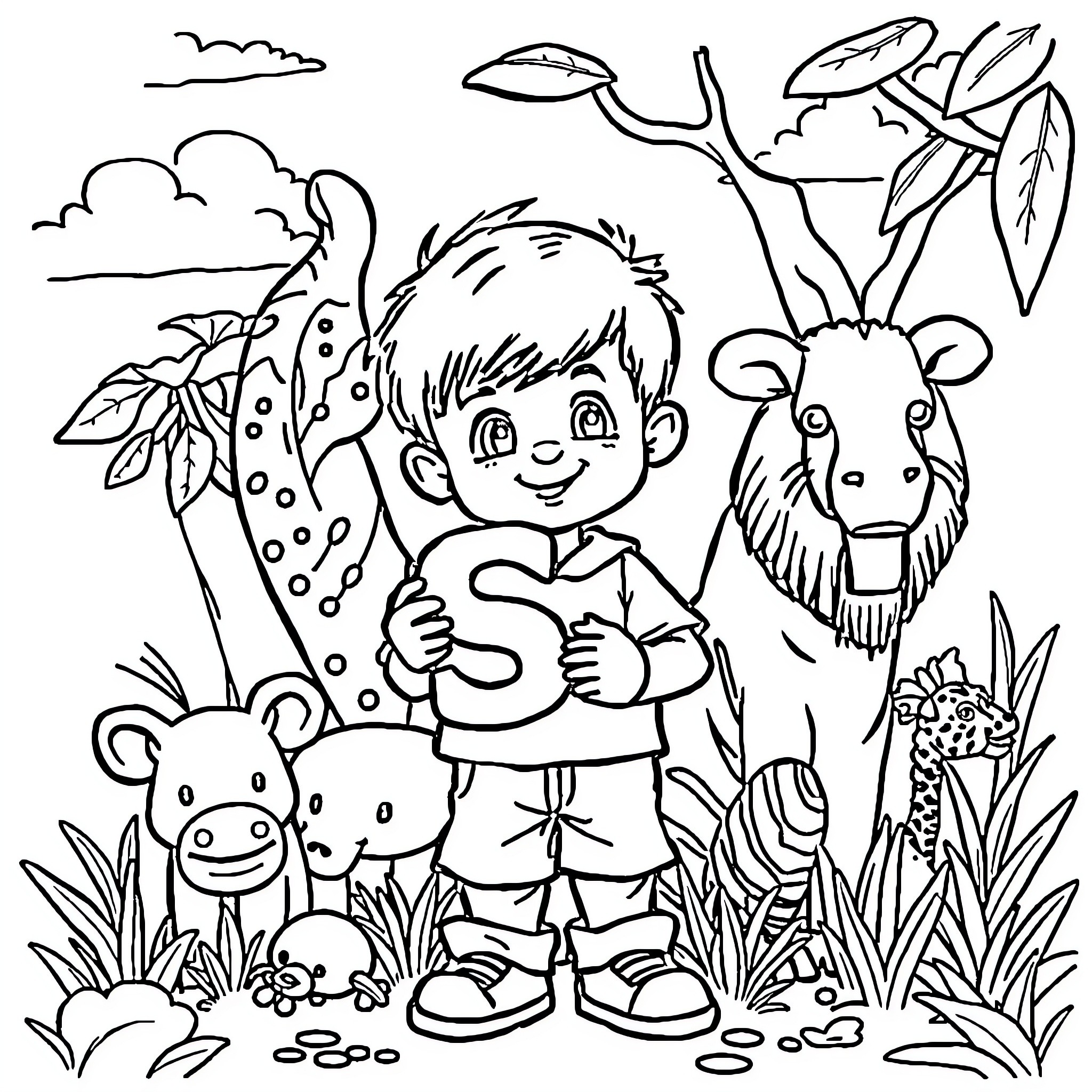 Boy exploring the jungle with animal friends Coloring Page (free black-and-white line drawing printable PDF for all, from beginners to advanced learners, including children, teens, adults, and seniors)