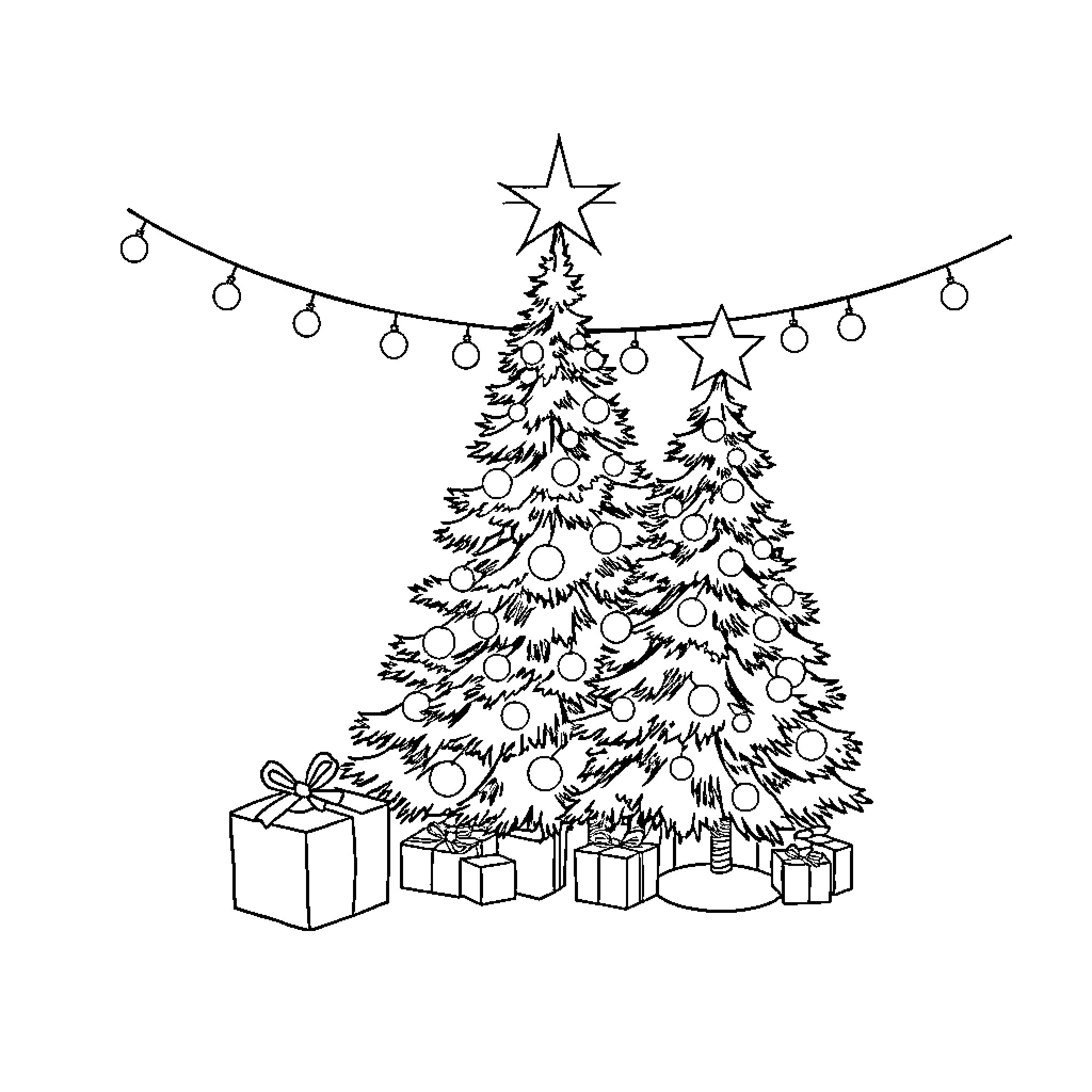 Christmas Celebration with Decorated Trees and Gifts Coloring Page (free black-and-white line drawing printable PDF for all, from beginners to advanced learners, including children, teens, adults, and seniors)
