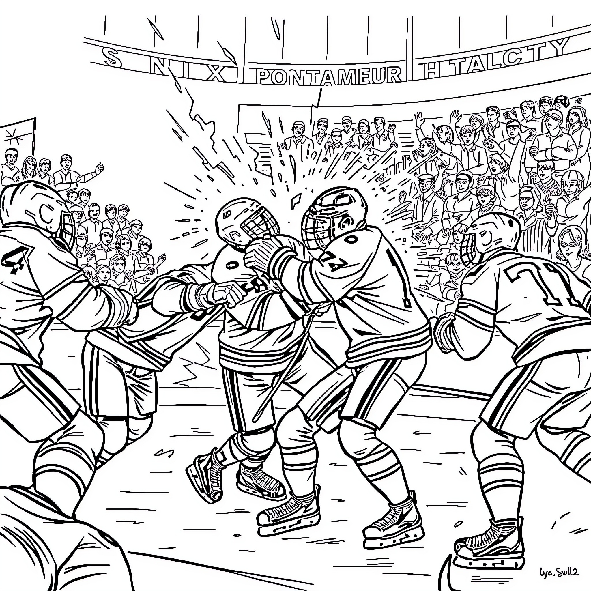Hockey Players Engaged in Intense Competition on the Ice Coloring Page (free black-and-white line drawing printable PDF for all, from beginners to advanced learners, including children, teens, adults, and seniors)