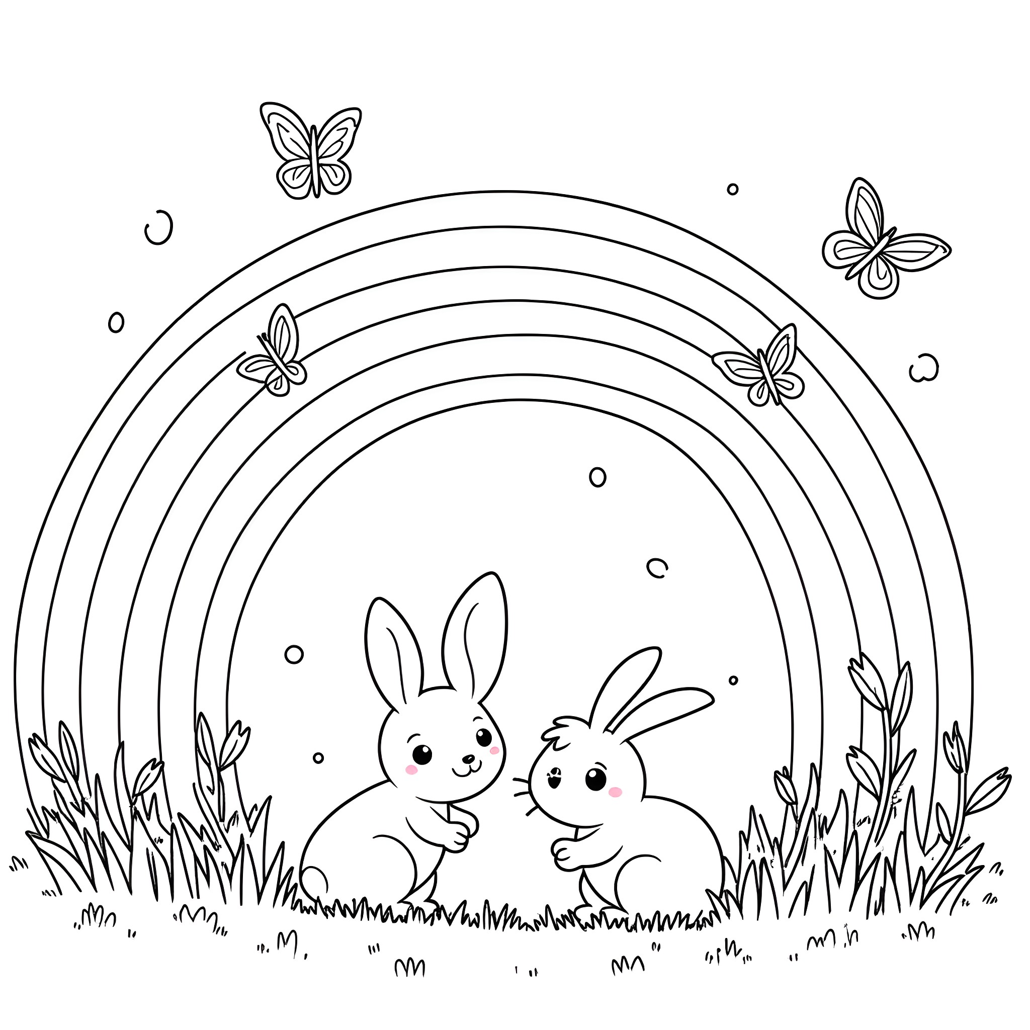 Rainbow Bunnies Frolic in Meadow with Butterflies Coloring Page (free black-and-white line drawing printable PDF for all, from beginners to advanced learners, including children, teens, adults, and seniors)