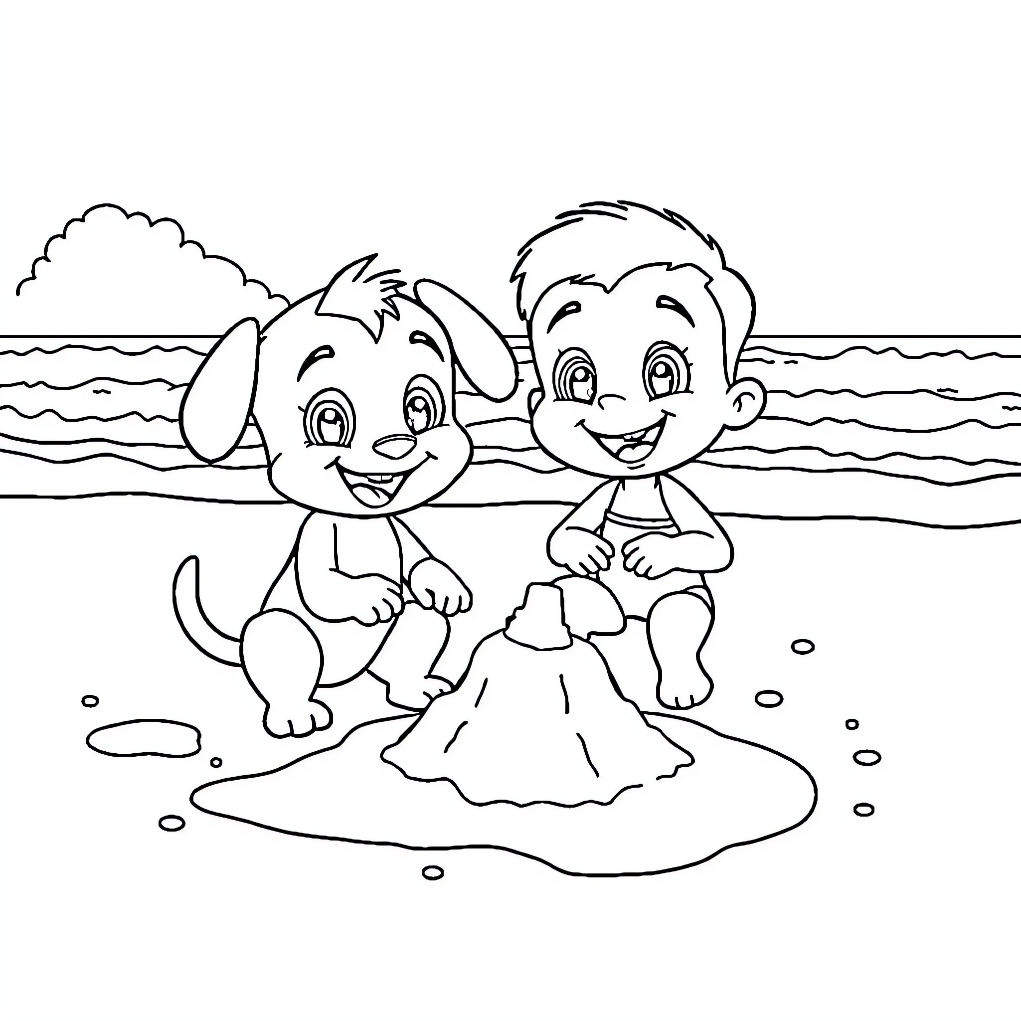 Bluey and friends playing at the beach Coloring Page (free black-and-white line drawing printable PDF for all, from beginners to advanced learners, including children, teens, adults, and seniors)