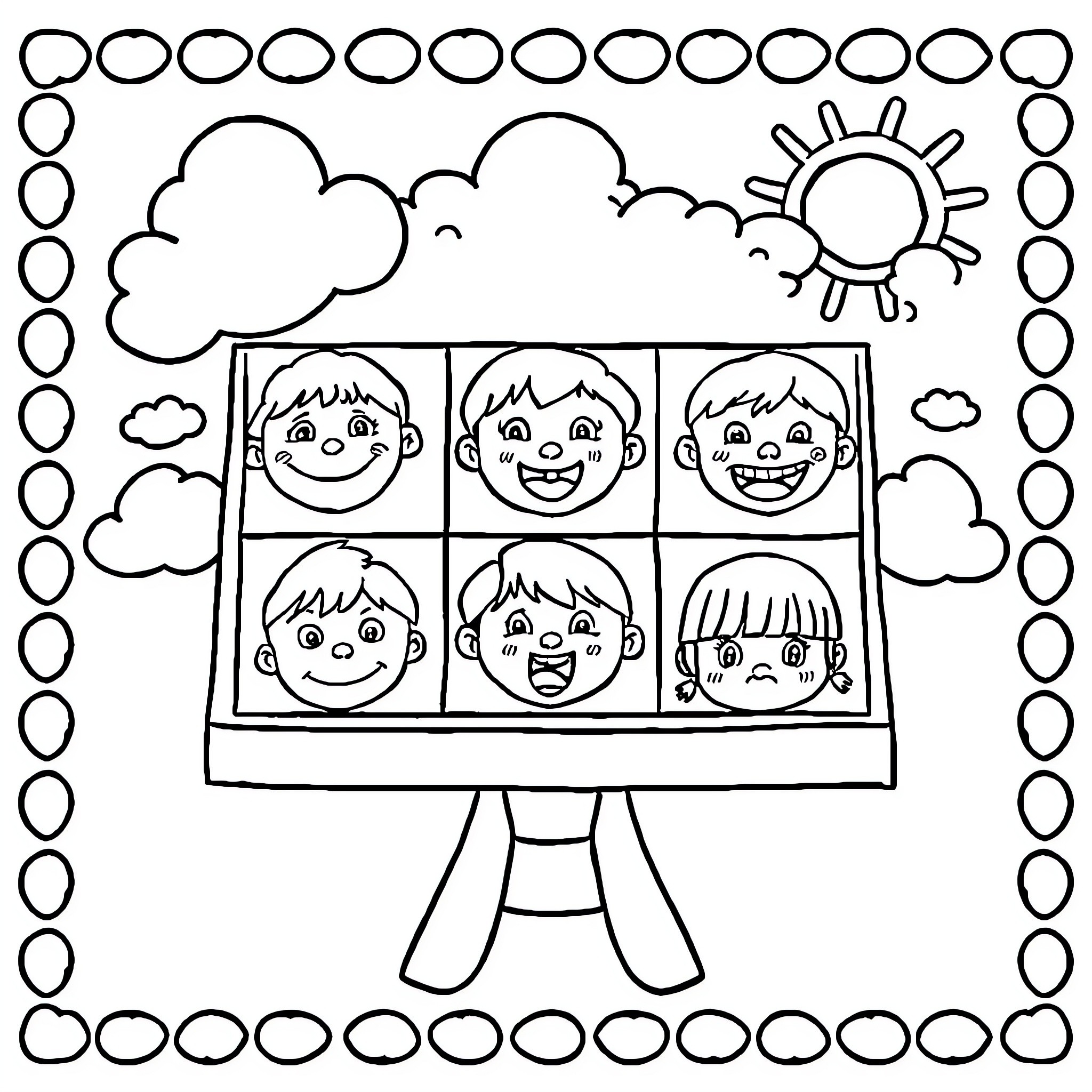 Child Drawing Expressive Faces on Easel Coloring Page (free black-and-white line drawing printable PDF for all, from beginners to advanced learners, including children, teens, adults, and seniors)