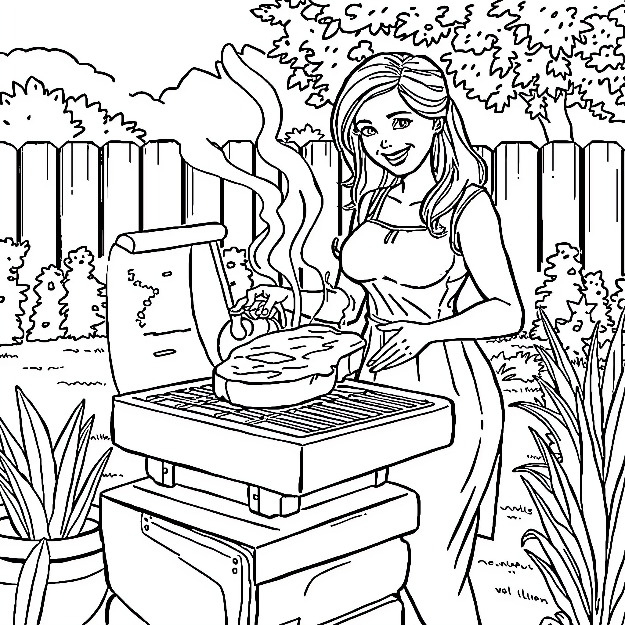 Wife grilling outdoors in the garden Coloring Page (free black-and-white line drawing printable PDF for all, from beginners to advanced learners, including children, teens, adults, and seniors)