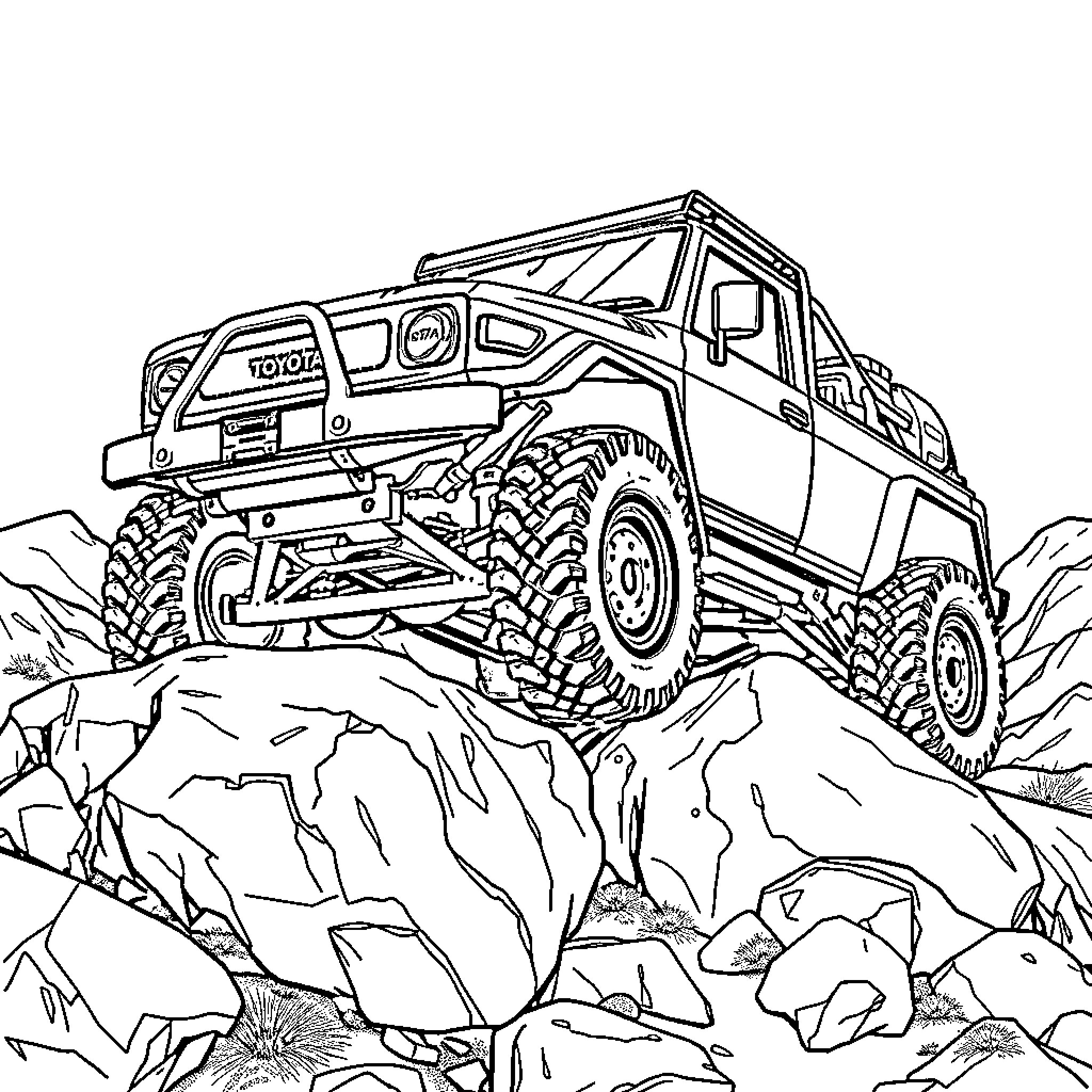 Toyota Off-Road Truck Navigating Rugged Terrain Coloring Page (free black-and-white line drawing printable PDF for all, from beginners to advanced learners, including children, teens, adults, and seniors)