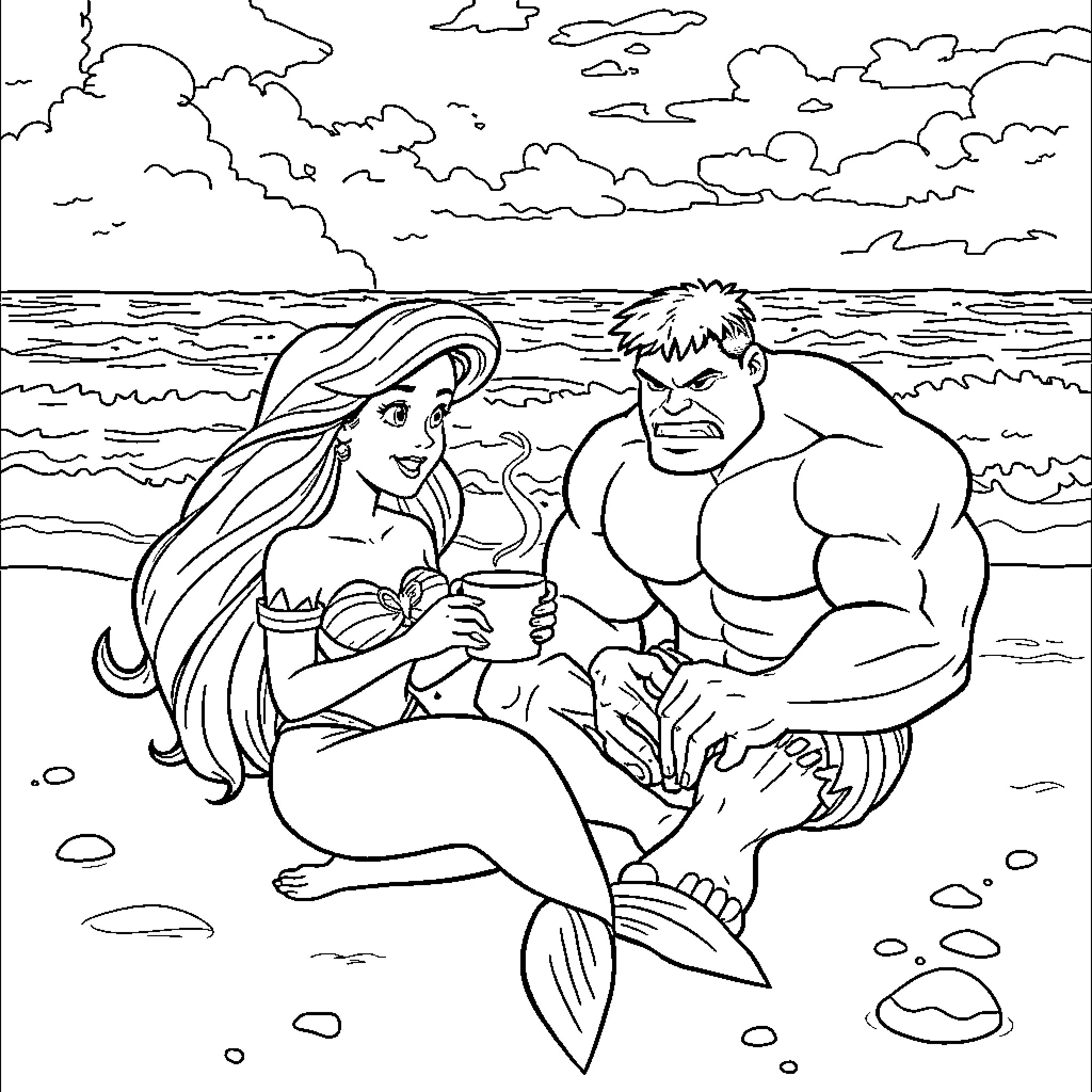 Ariel and Triton relaxing on the beach Coloring Page (free black-and-white line drawing printable PDF for all, from beginners to advanced learners, including children, teens, adults, and seniors)