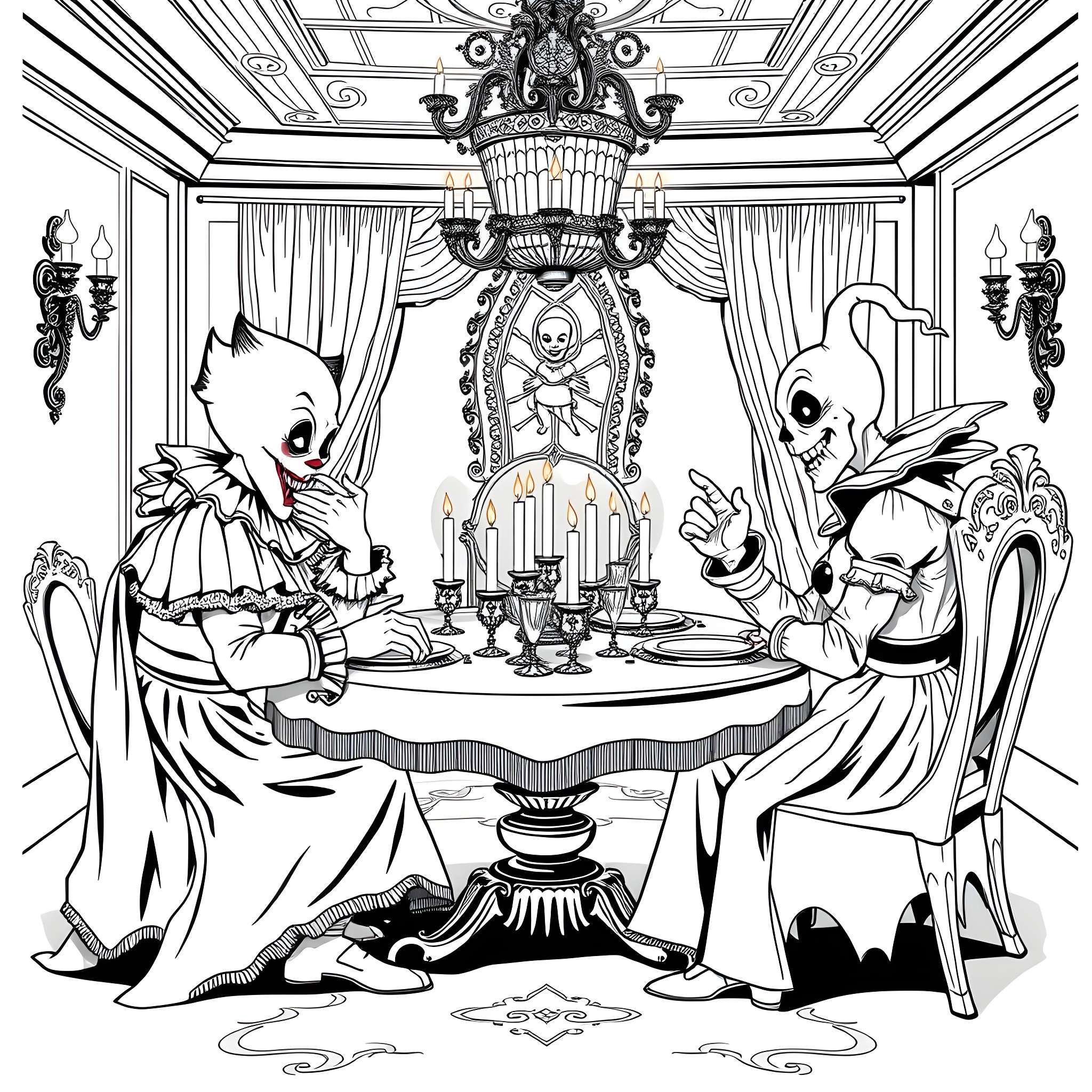 Ghost Clowns Dining in Lavish Haunted Mansion Coloring Page (free black-and-white line drawing printable PDF for all, from beginners to advanced learners, including children, teens, adults, and seniors)