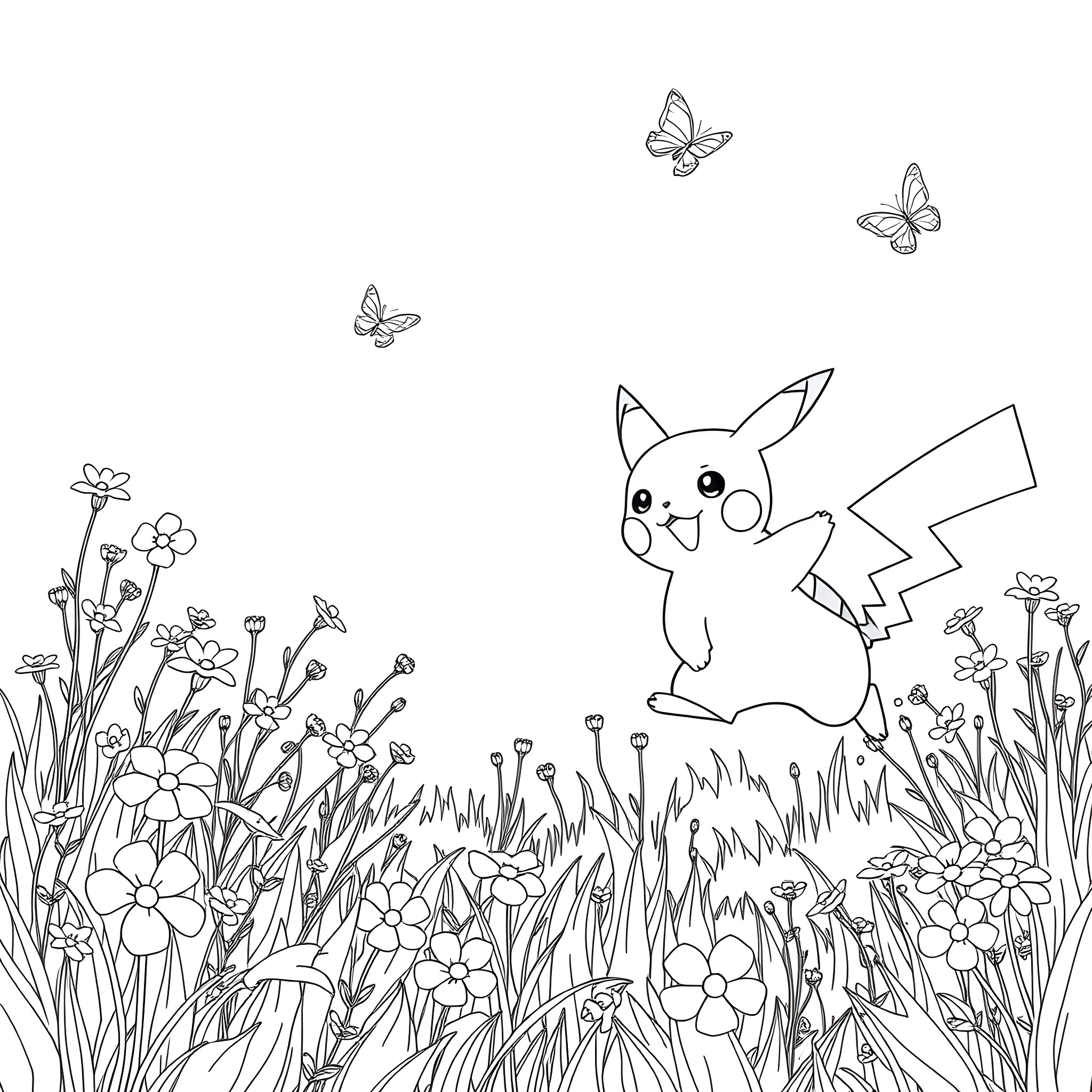 Cat Pokemon playing in a flower field Coloring Page (free black-and-white line drawing printable PDF for all, from beginners to advanced learners, including children, teens, adults, and seniors)