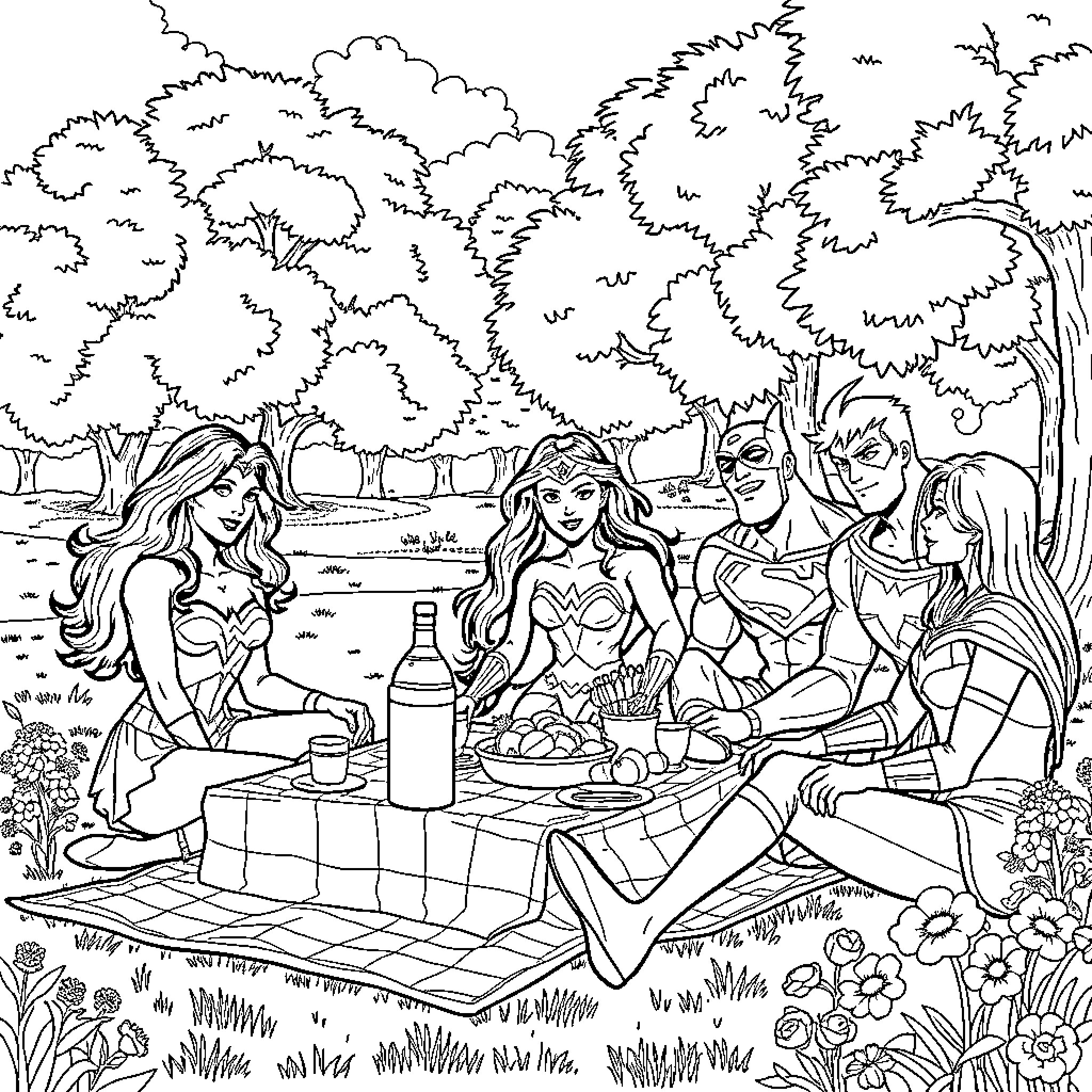 Wonder Woman and Friends Enjoy a Picnic in the Park Coloring Page (free black-and-white line drawing printable PDF for all, from beginners to advanced learners, including children, teens, adults, and seniors)