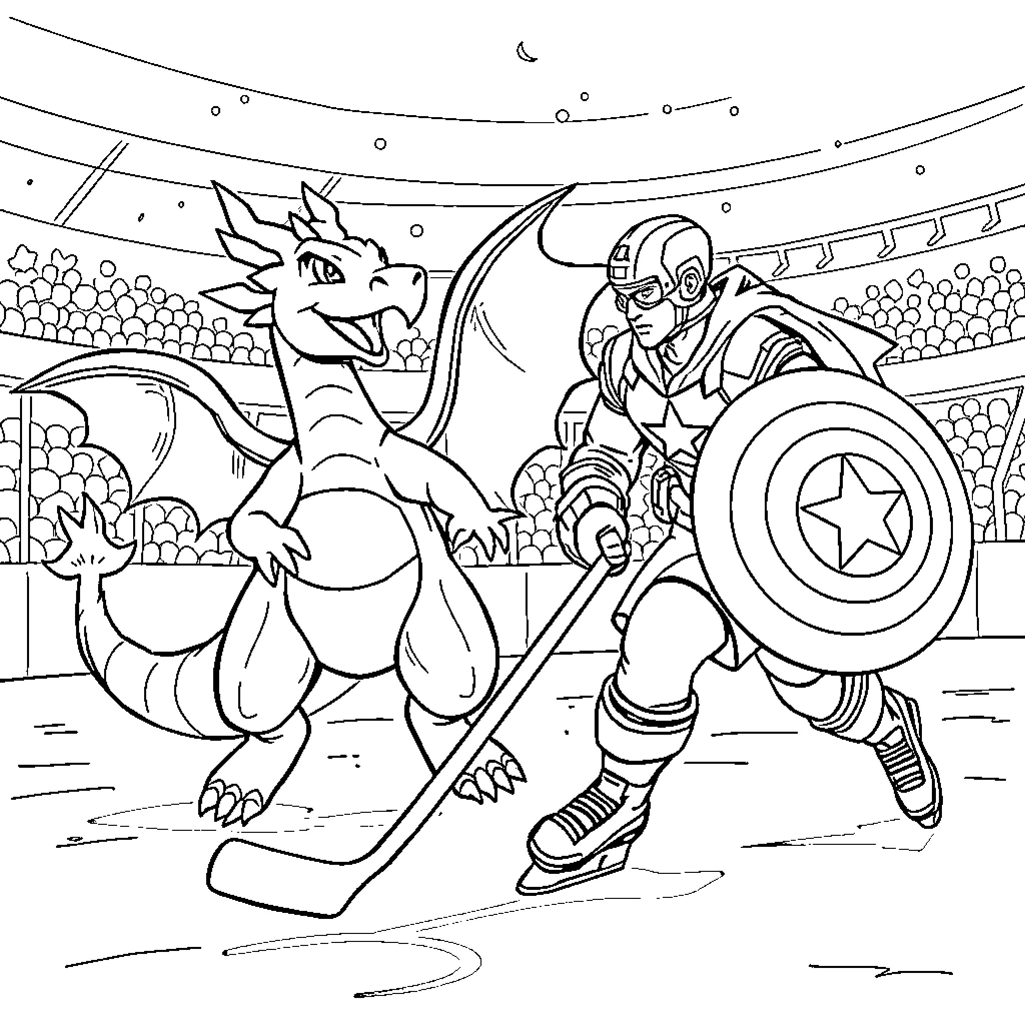 Charizard battling with Captain America in the arena Coloring Page (free black-and-white line drawing printable PDF for all, from beginners to advanced learners, including children, teens, adults, and seniors)