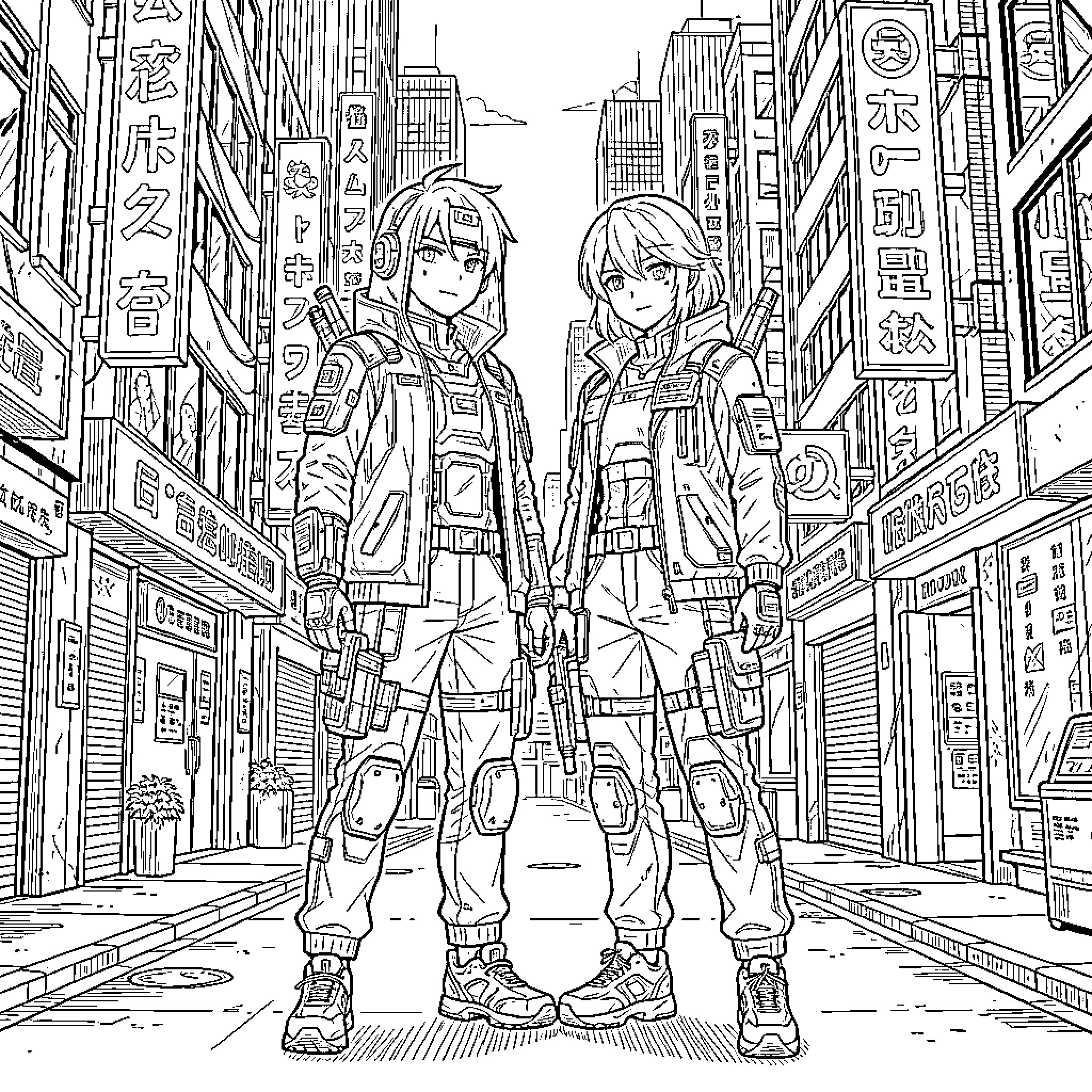 Anime characters standing in a futuristic city street Coloring Page (free black-and-white line drawing printable PDF for all, from beginners to advanced learners, including children, teens, adults, and seniors)