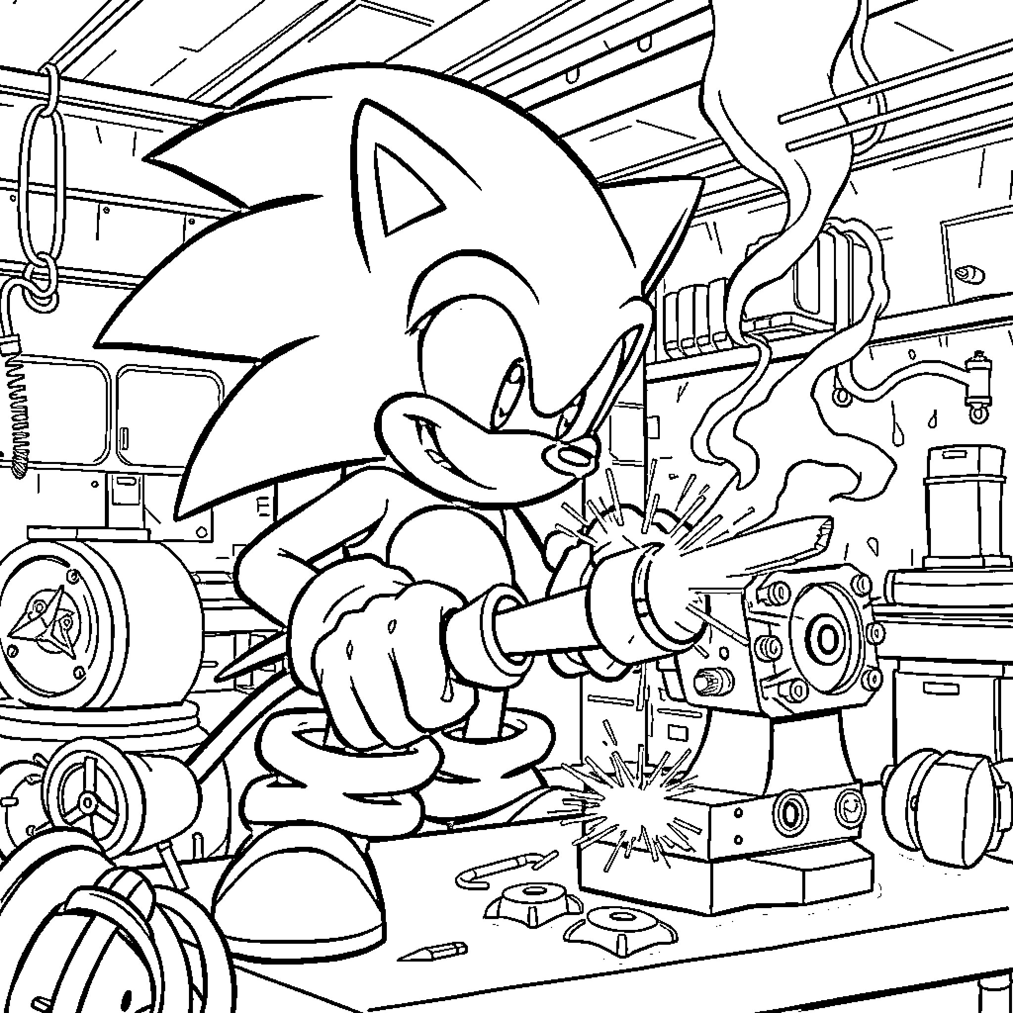 Sonic tinkering and repairing mechanical parts in a workshop Coloring Page (free black-and-white line drawing printable PDF for all, from beginners to advanced learners, including children, teens, adults, and seniors)