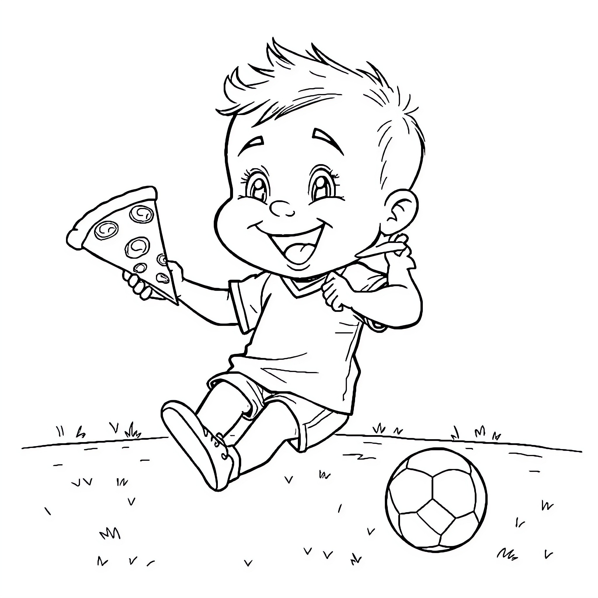 Baby happily eating pizza and playing with soccer ball Coloring Page (free black-and-white line drawing printable PDF for all, from beginners to advanced learners, including children, teens, adults, and seniors)