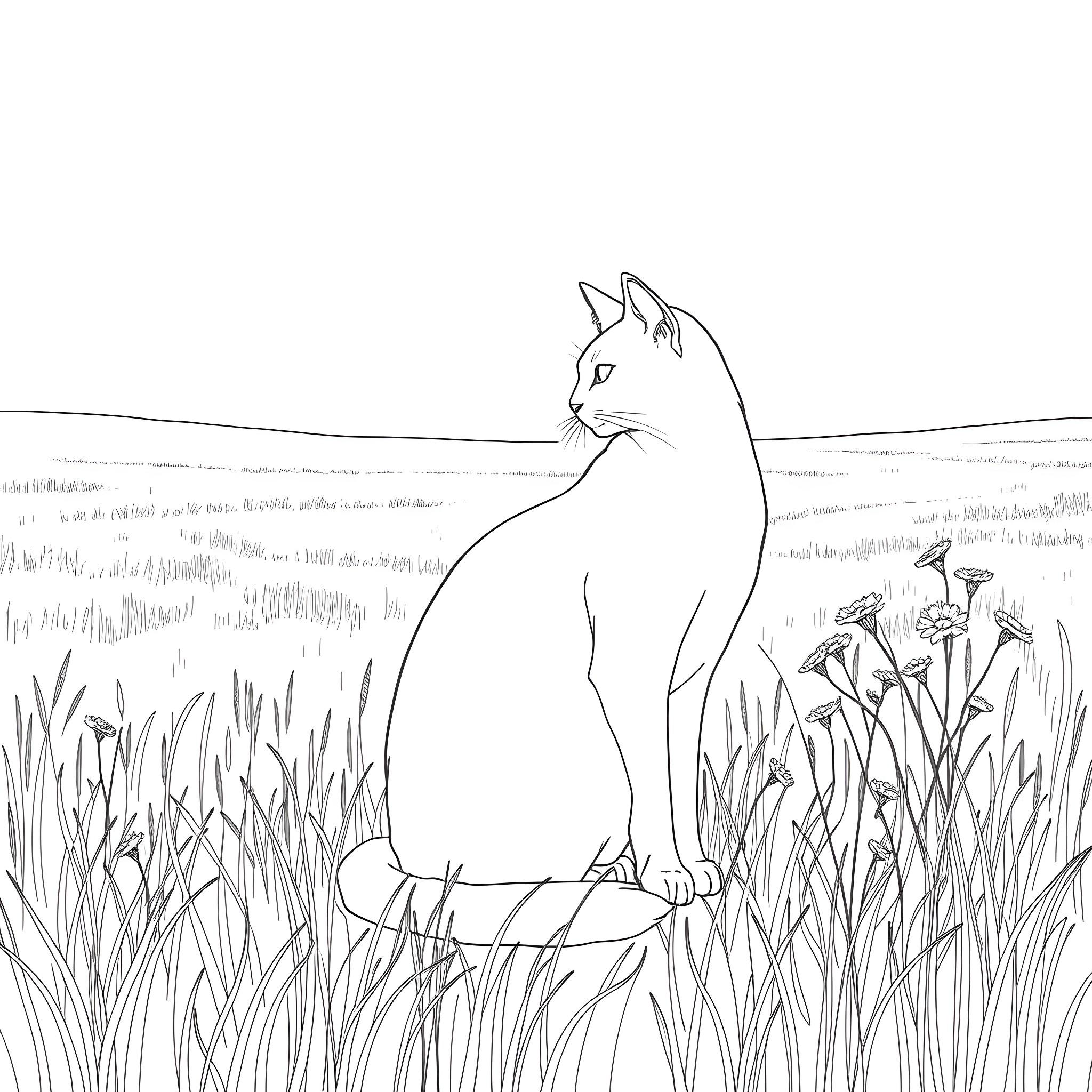 Cat in the meadow with flowers Coloring Page (free black-and-white line drawing printable PDF for all, from beginners to advanced learners, including children, teens, adults, and seniors)