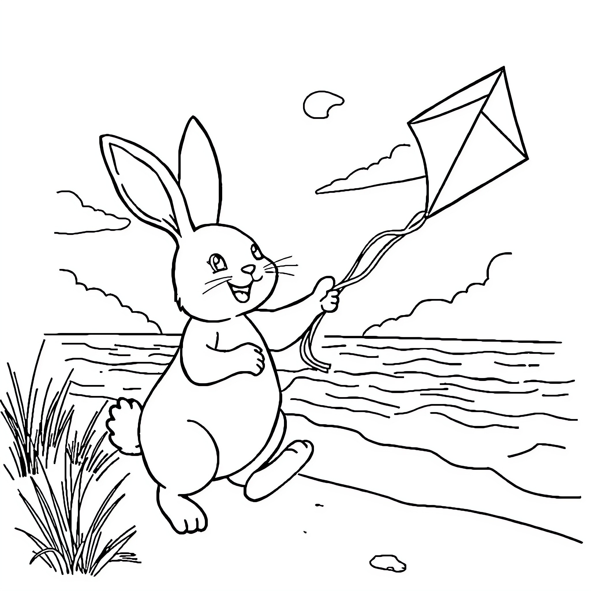 Rabbit flying a kite by the lake Coloring Page (free black-and-white line drawing printable PDF for all, from beginners to advanced learners, including children, teens, adults, and seniors)