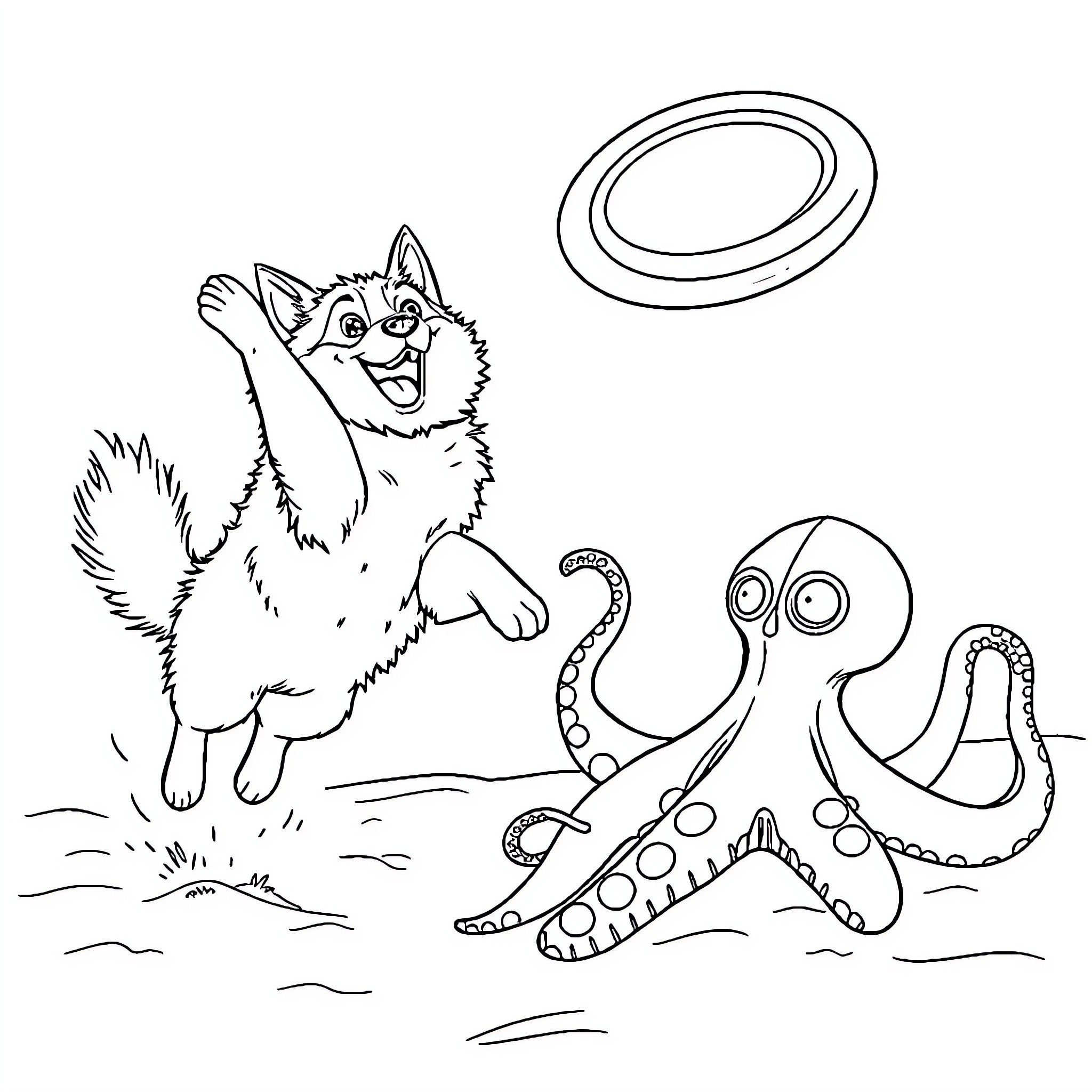 Husky playing with sea creatures in water Coloring Page (free black-and-white line drawing printable PDF for all, from beginners to advanced learners, including children, teens, adults, and seniors)