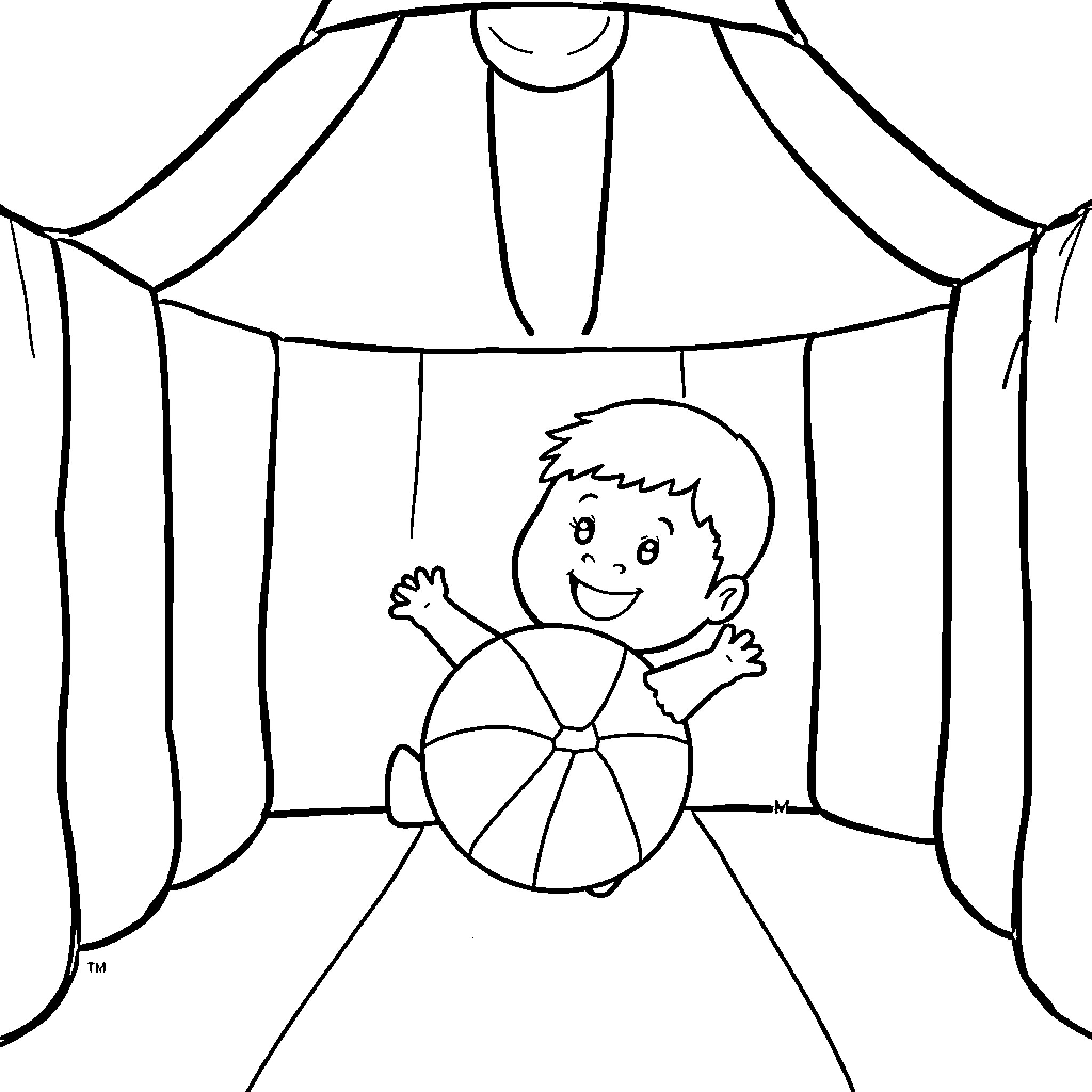 Pocoyo playing with a ball in a tent Coloring Page (free black-and-white line drawing printable PDF for all, from beginners to advanced learners, including children, teens, adults, and seniors)