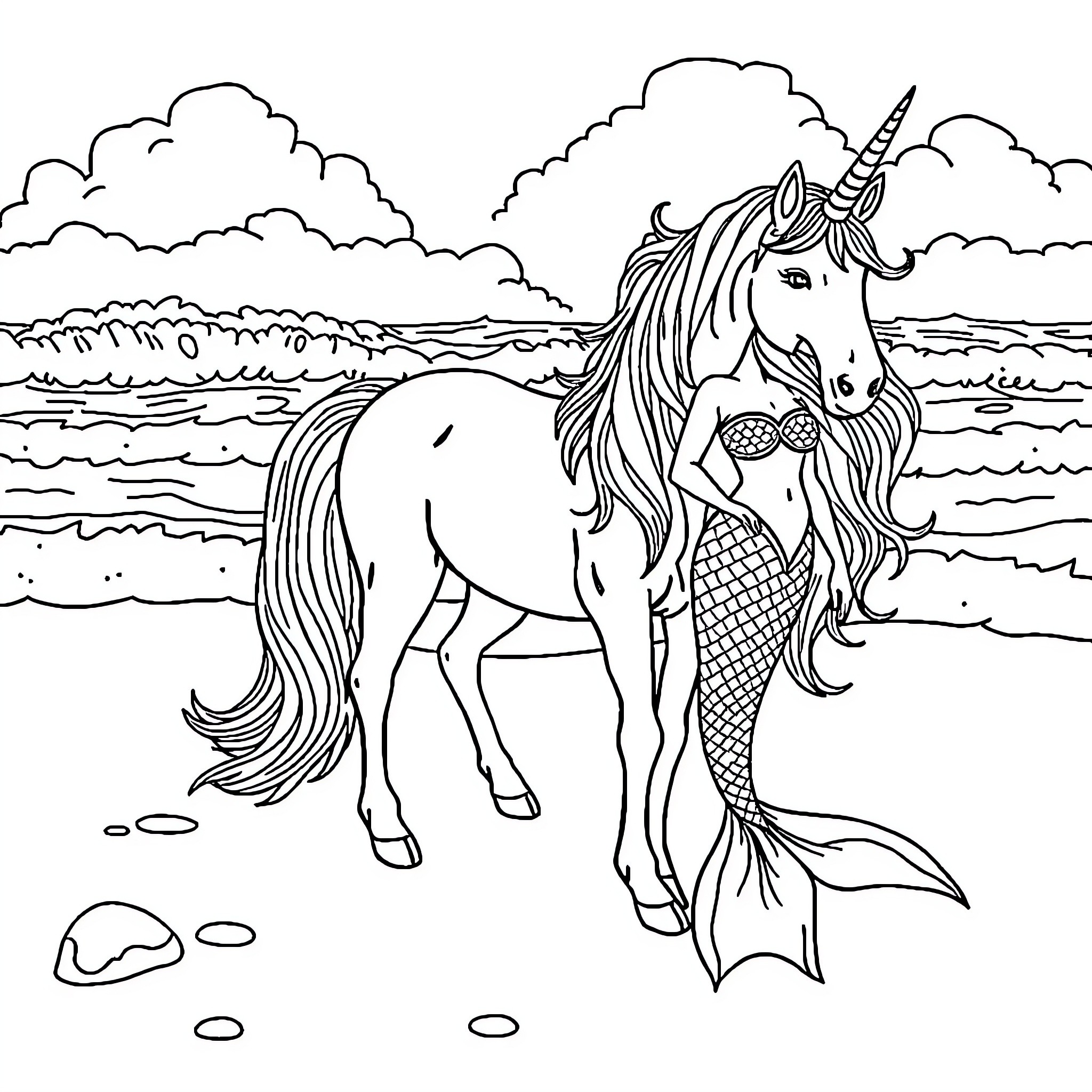 Unicorn mermaid on the beach Coloring Page (free black-and-white line drawing printable PDF for all, from beginners to advanced learners, including children, teens, adults, and seniors)