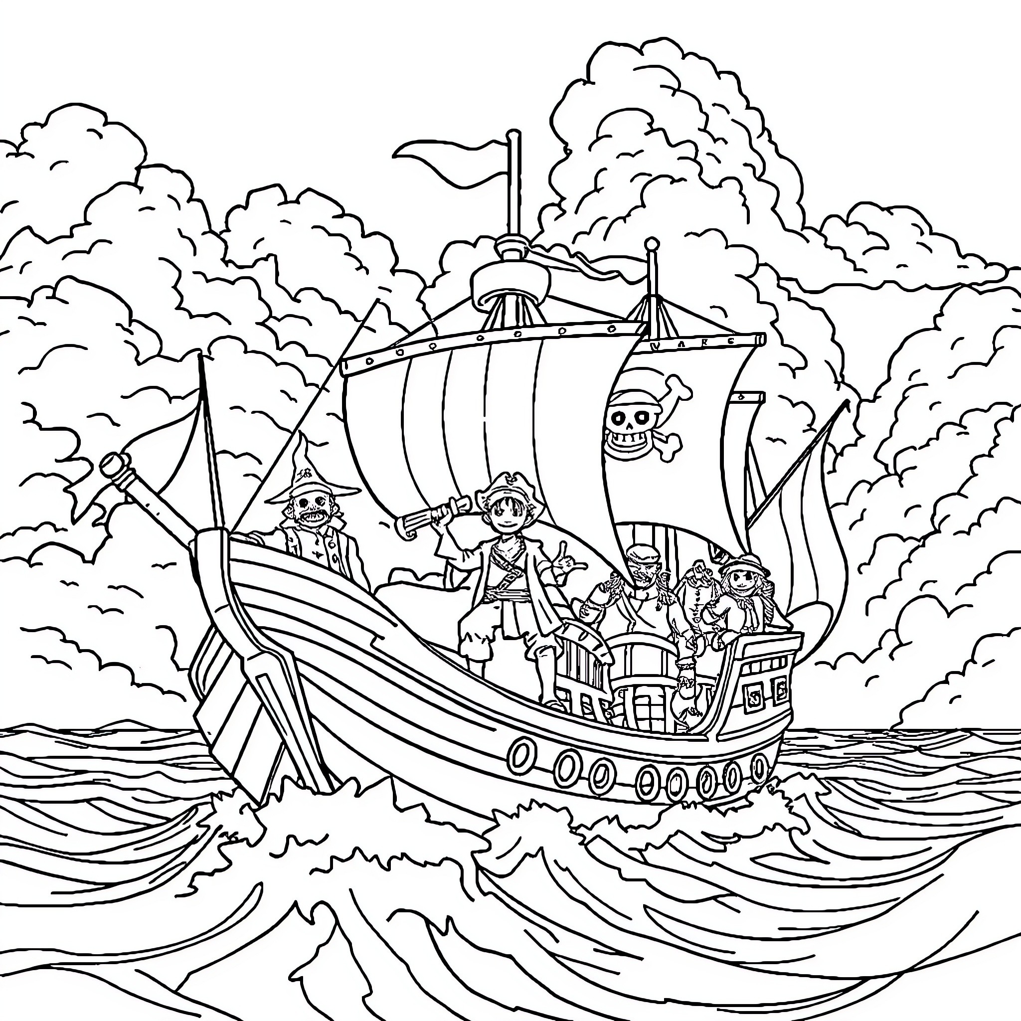 One Piece Crew Sailing on a Pirate Ship Coloring Page (free black-and-white line drawing printable PDF for all, from beginners to advanced learners, including children, teens, adults, and seniors)