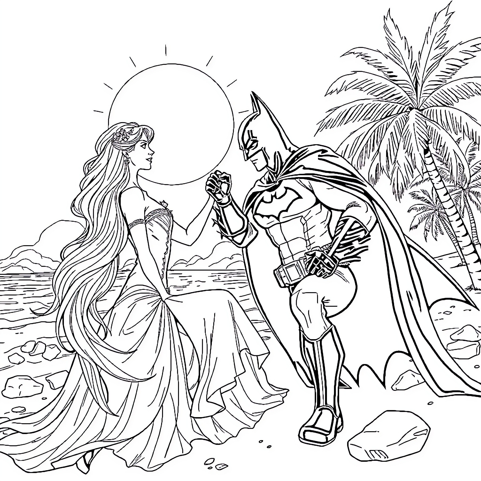 Queen and Superhero Encounter on Tropical Beach Coloring Page (free black-and-white line drawing printable PDF for all, from beginners to advanced learners, including children, teens, adults, and seniors)