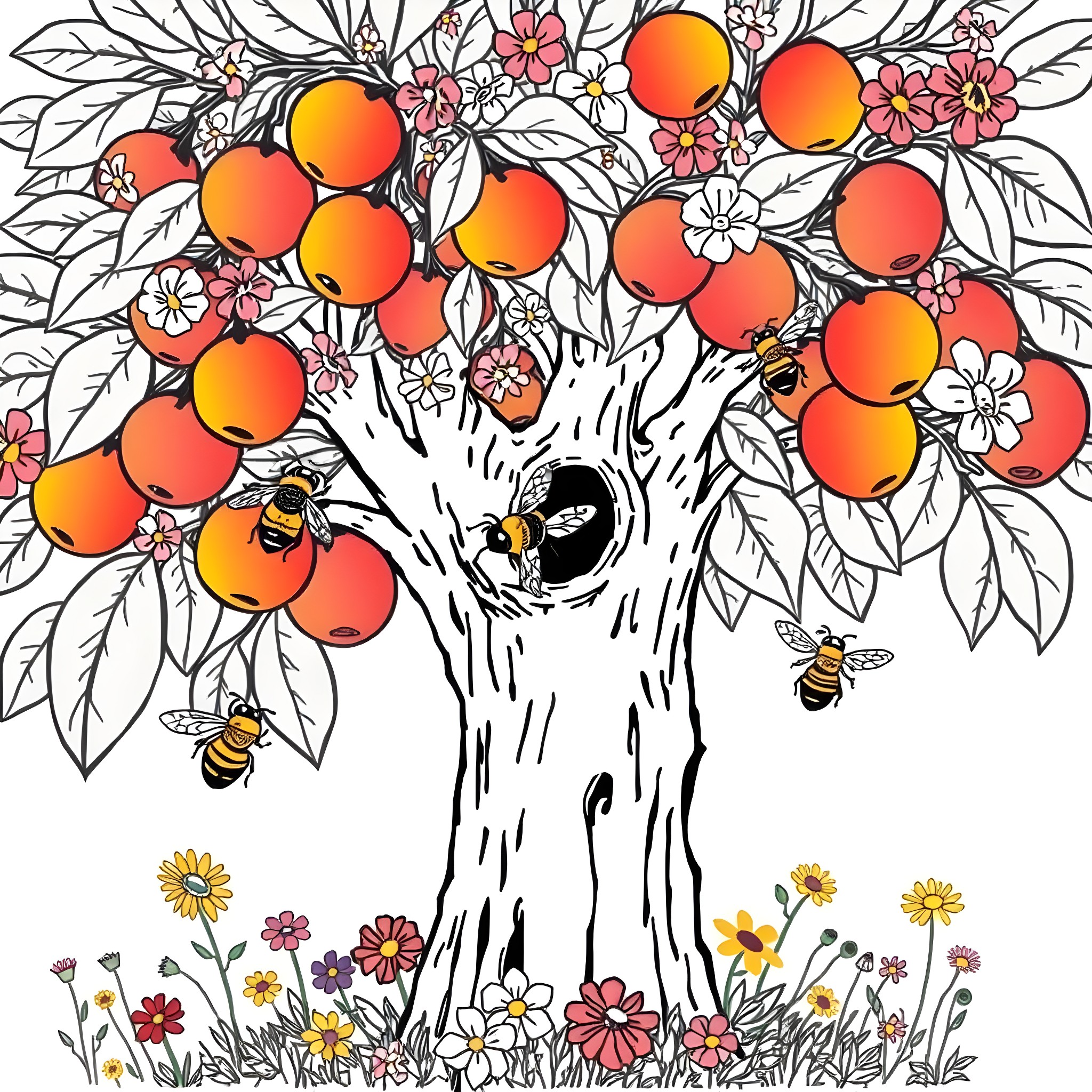 Bee pollinating orange tree with blooming flowers Coloring Page (free black-and-white line drawing printable PDF for all, from beginners to advanced learners, including children, teens, adults, and seniors)
