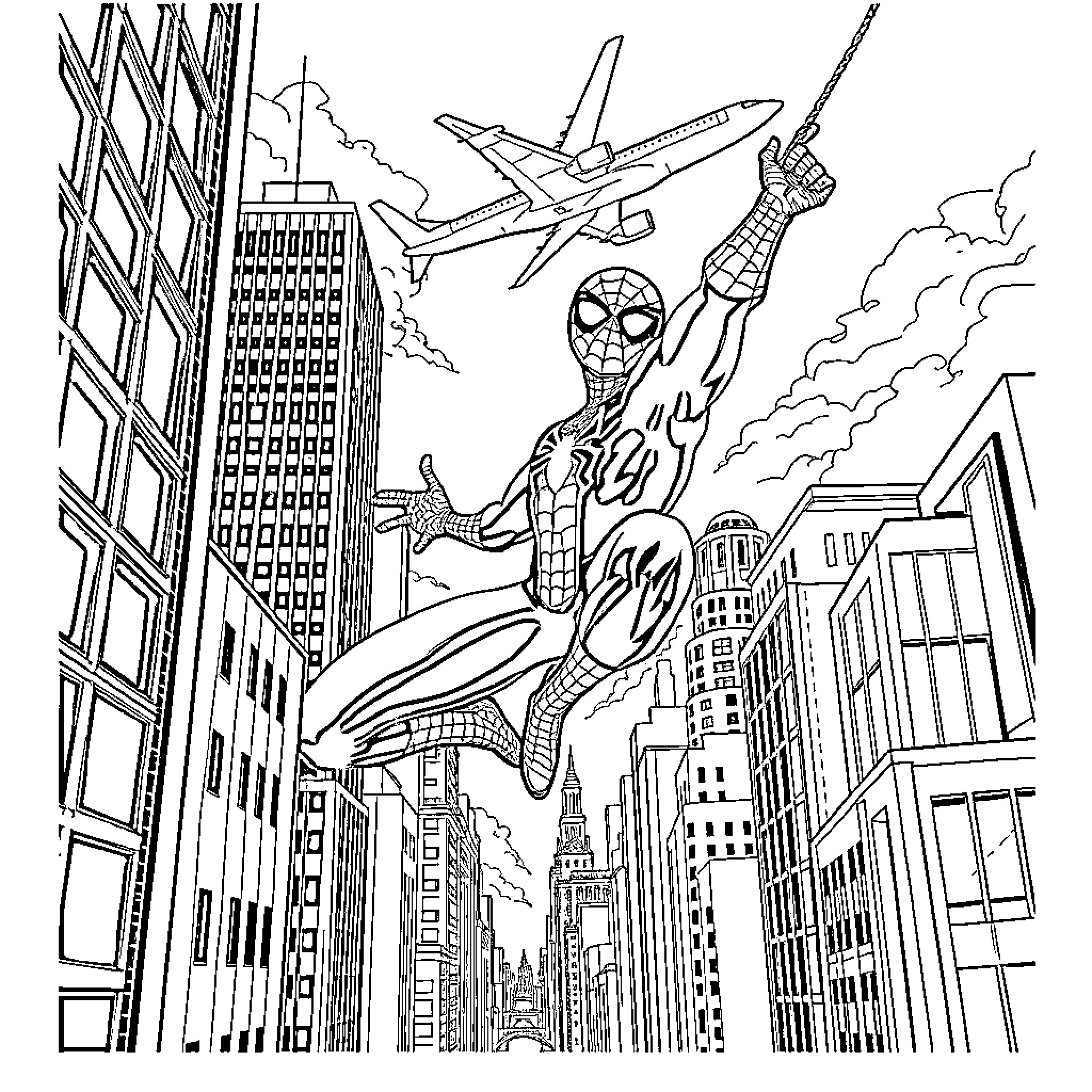 Spiderman swinging through the city skyline Coloring Page (free black-and-white line drawing printable PDF for all, from beginners to advanced learners, including children, teens, adults, and seniors)