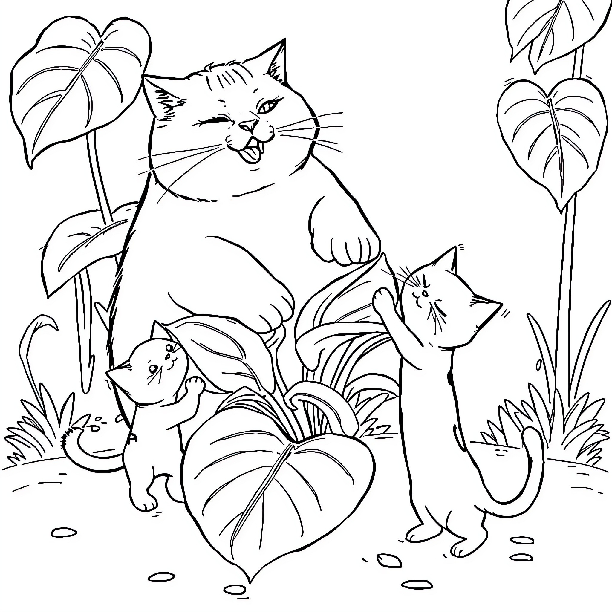 Cat family surrounded by tropical leaves Coloring Page (free black-and-white line drawing printable PDF for all, from beginners to advanced learners, including children, teens, adults, and seniors)