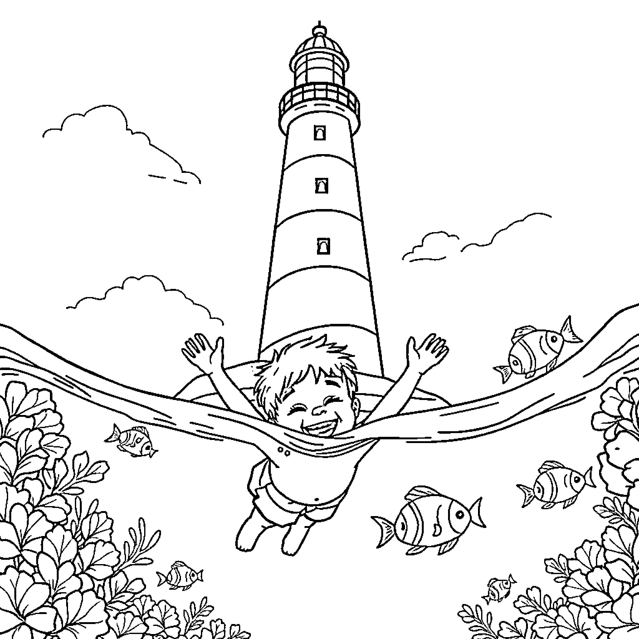 Boy exploring the ocean near a lighthouse Coloring Page (free black-and-white line drawing printable PDF for all, from beginners to advanced learners, including children, teens, adults, and seniors)