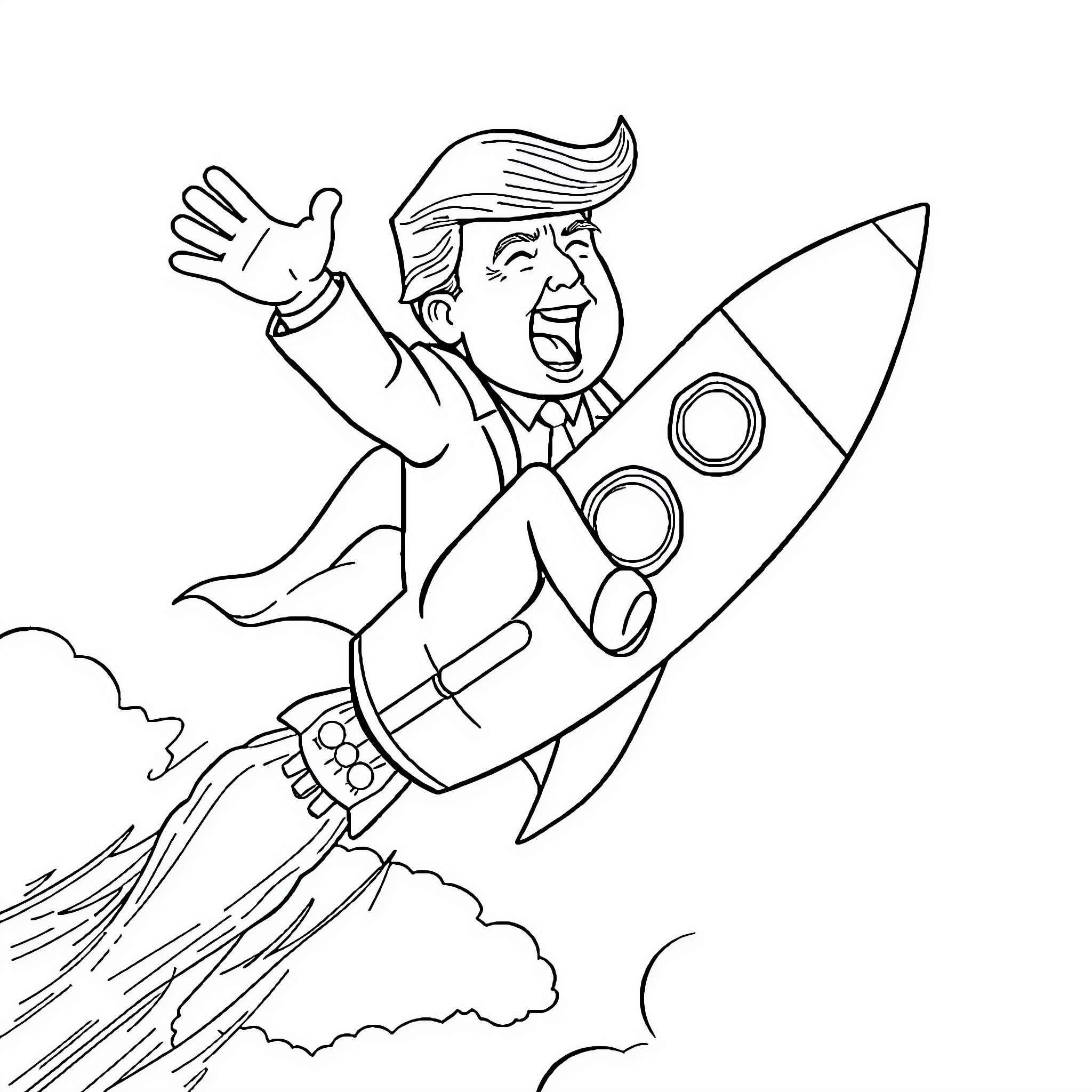 Trump riding a rocket ship with enthusiasm Coloring Page (free black-and-white line drawing printable PDF for all, from beginners to advanced learners, including children, teens, adults, and seniors)