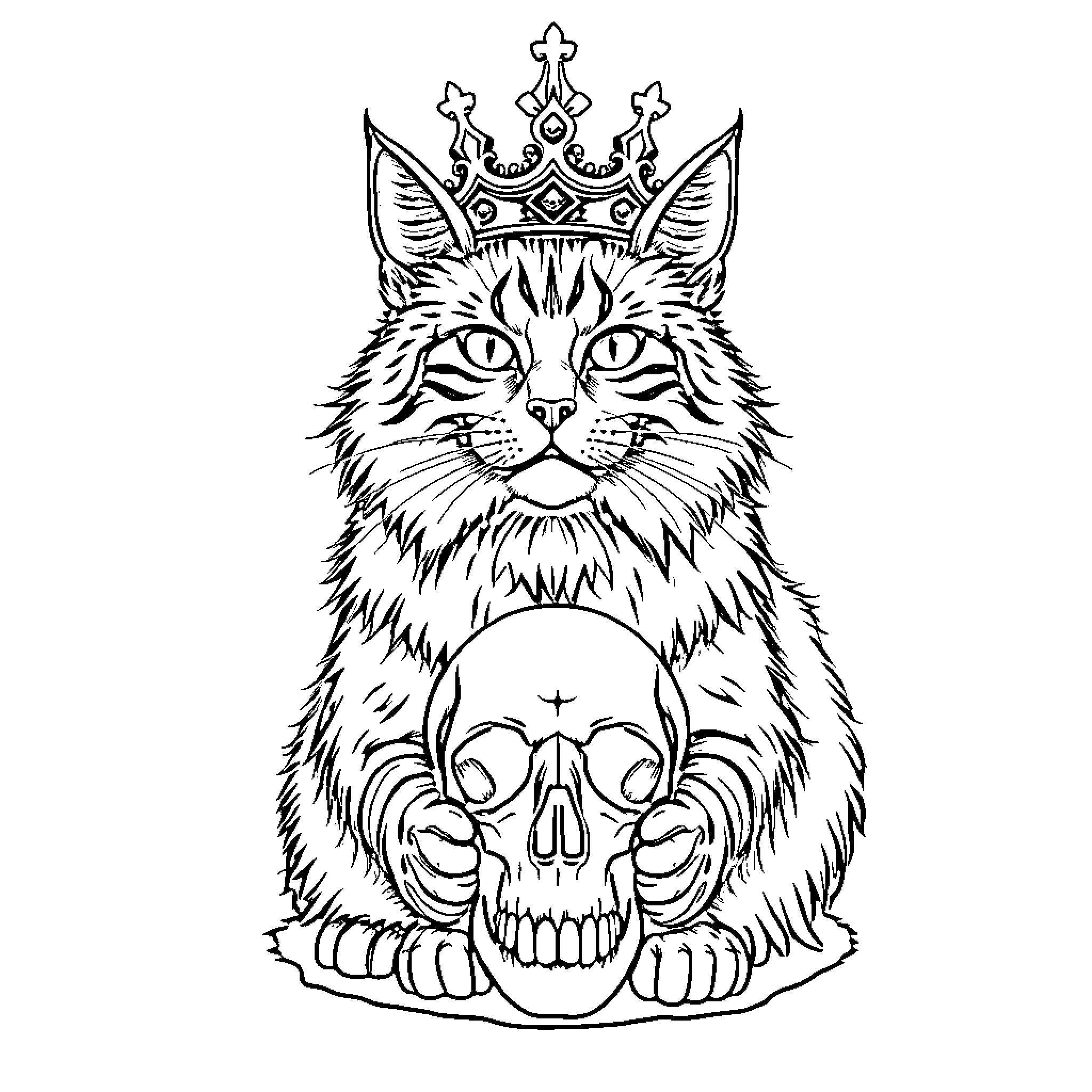 Maine Coon Cat with Regal Crown and Skull Coloring Page (free black-and-white line drawing printable PDF for all, from beginners to advanced learners, including children, teens, adults, and seniors)